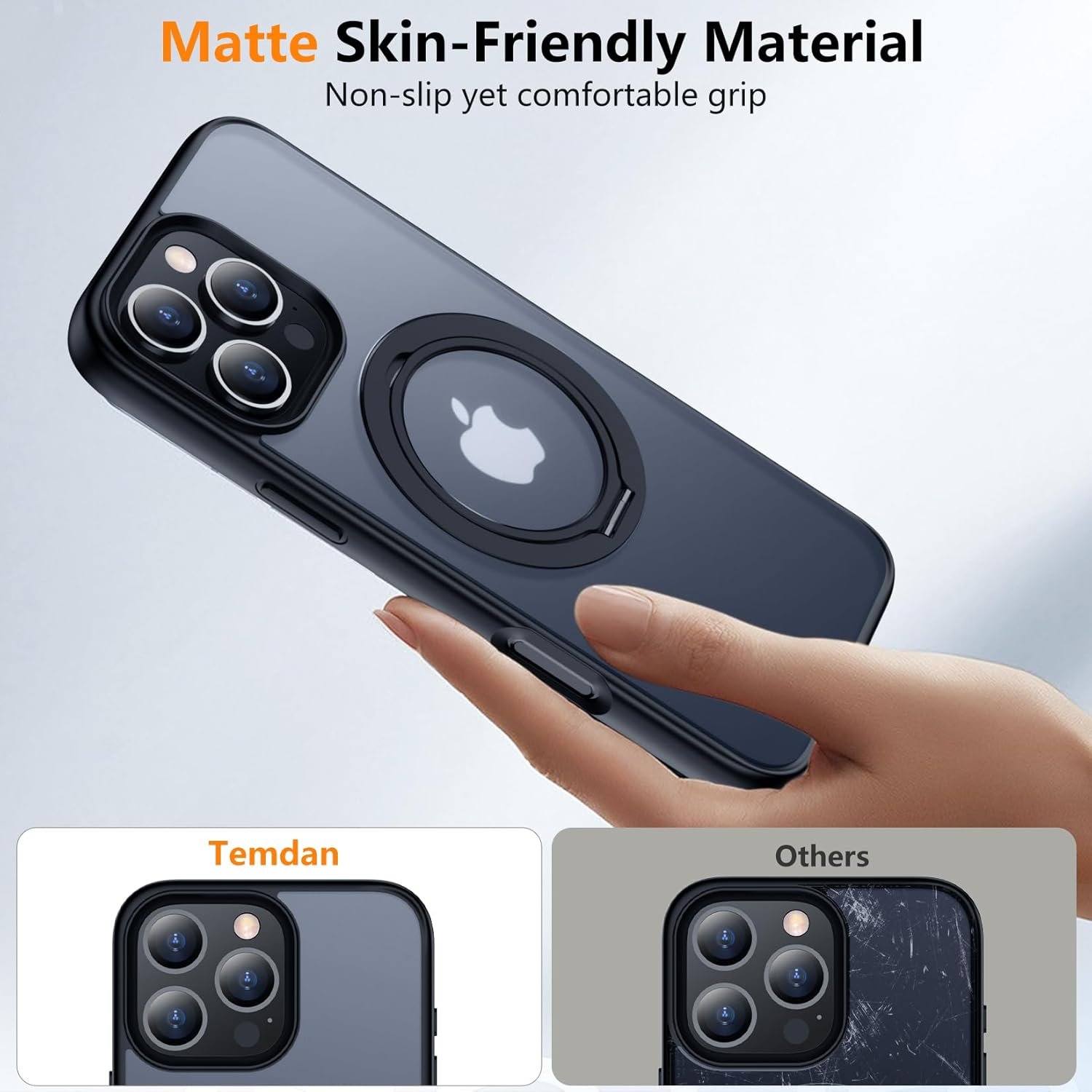 Temdan Designed for iPhone 16 Pro Max Case, 360°Rotatable Ring Stand Case Matte Skin Feeling Compatible with MagSafe Military-Grade Protection Magnetic Kickstand Case 6.9 inch -Matte Black - Image 7