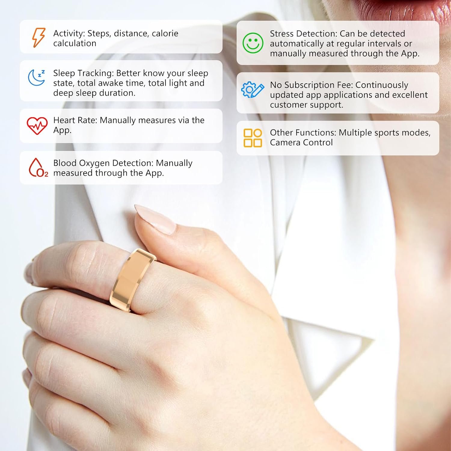 Fitness Tracker Smart Ring,Step Counter,Heart Rate Blood Oxygen Sleep Tracker Health Ring, 5ATM Waterproof Long Battery Life Smart Rings Compatible with iOS & Android (Rose Gold, US 8) - Image 3