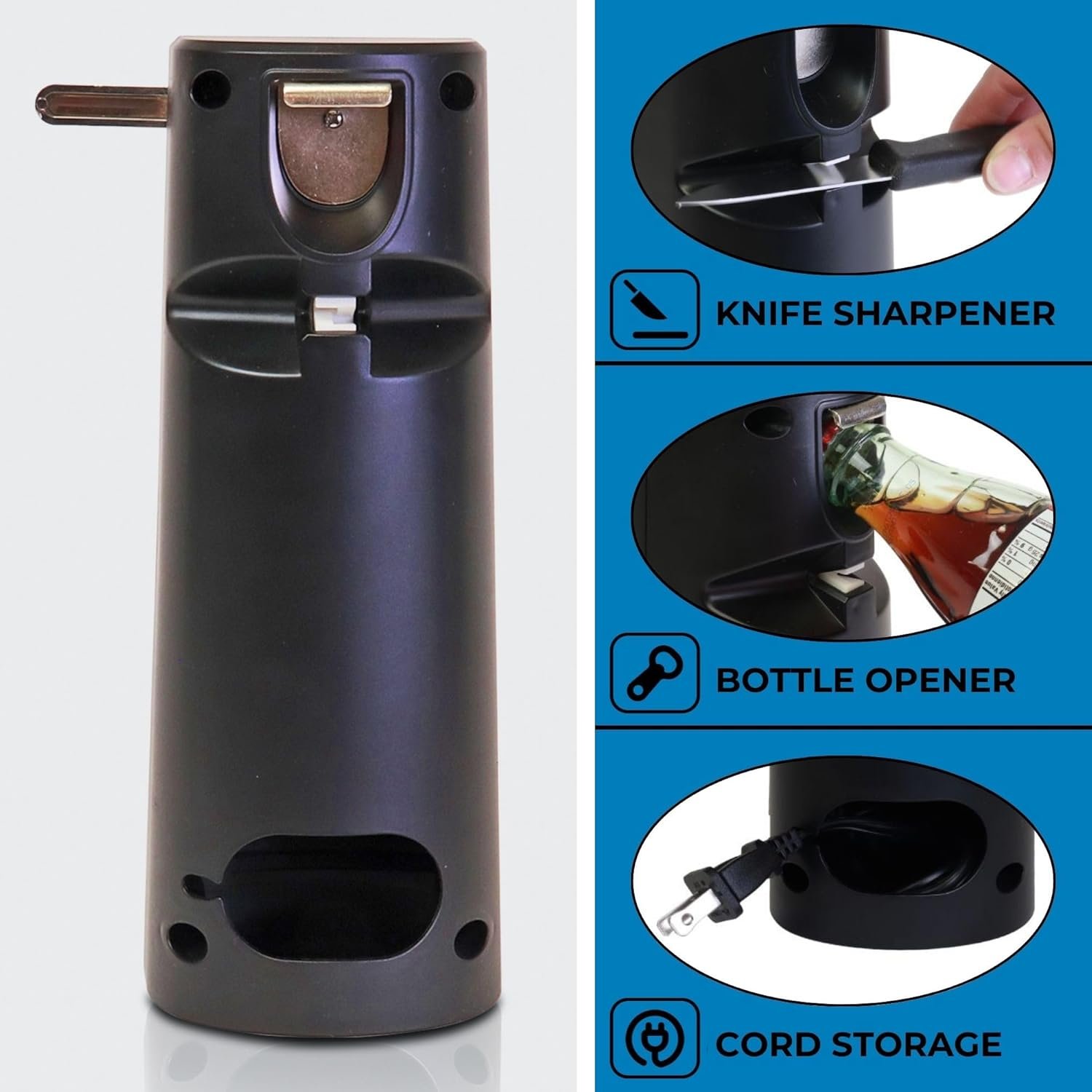 Kenmore 3-In-1 Automatic Electric Can Opener Built-In Knife Sharpener Bottle Opener Hands-Free One-Touch Operation Auto Shut-Off Cord Storage Black and Grey - Image 4