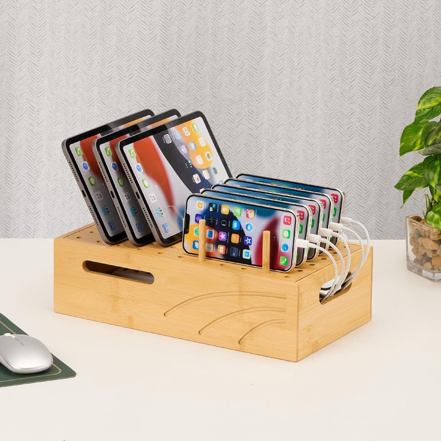 Bamboo Charging Station for Multiple Devices, Charger Station Organizer Desk Docking Station Rack for Phones, Tablets, Laptop, Perfect to Work from Home (Natural, M) - Image 3