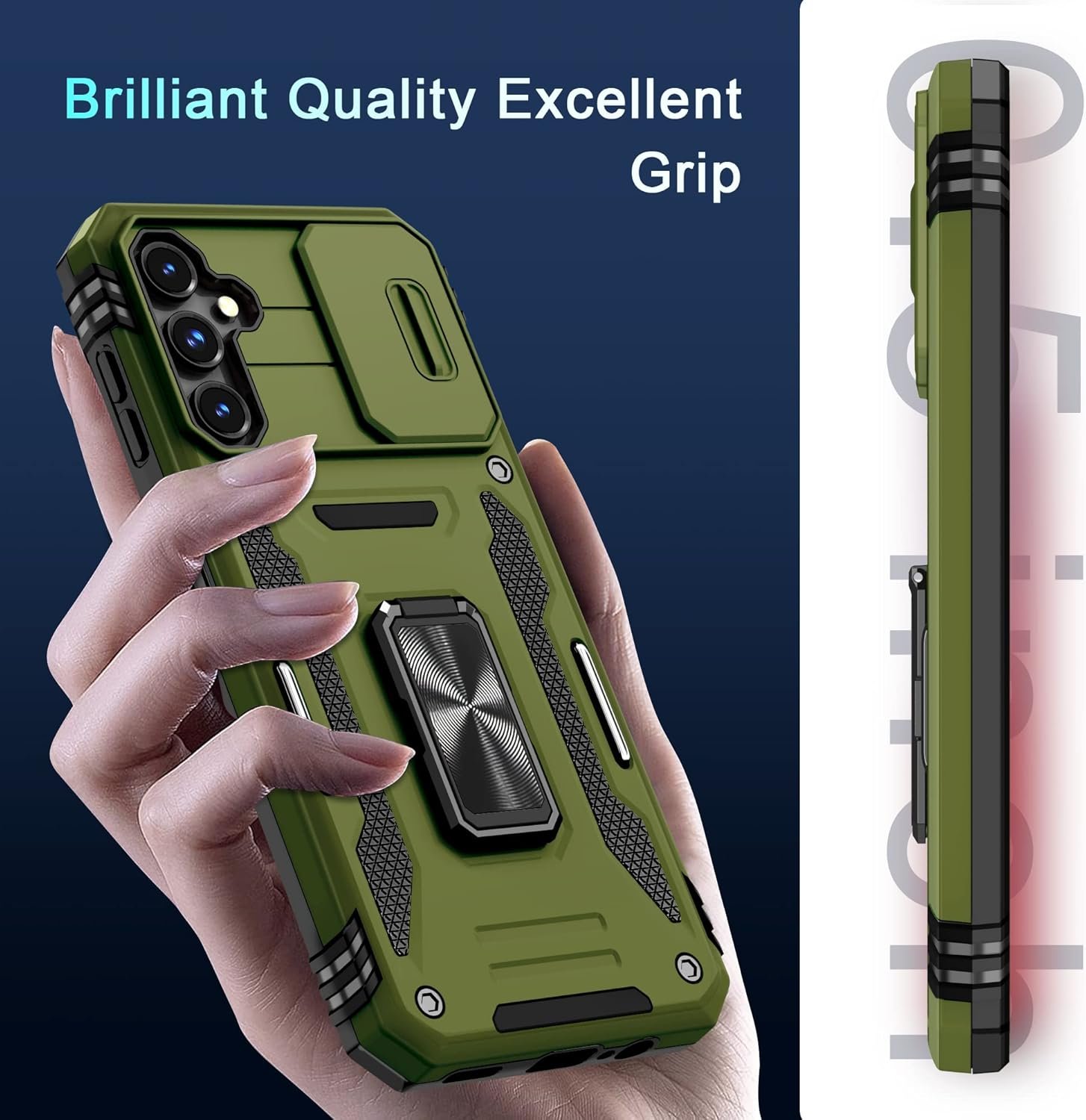 DEERLAMN Case for Samsung Galaxy A14 5G with Slide Camera Cover+Screen Protector(2 Packs),Rotated Ring Kickstand Military Grade Shockproof Protective Cover-Olive Green - Image 7