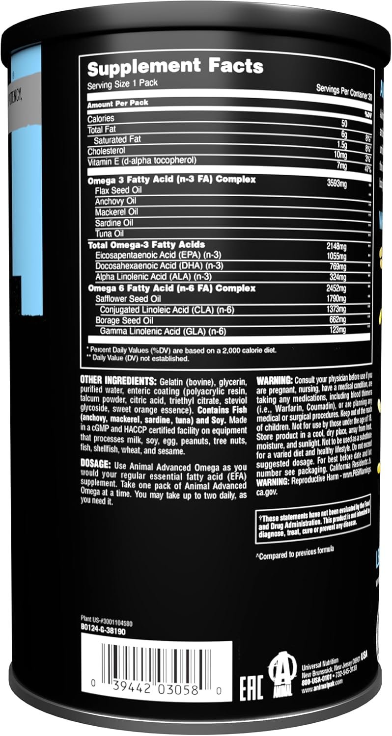 Animal Advanced Omega Essential Fatty Acids - High Potency 3500mg Omega 3 & Omega 6 Supplement with EPA, DHA, ALA, CLA, GLA for Heart, Brain, Joint, Skin, Eye, Metabolism, Immune Health - 30 Day Pack - Image 4