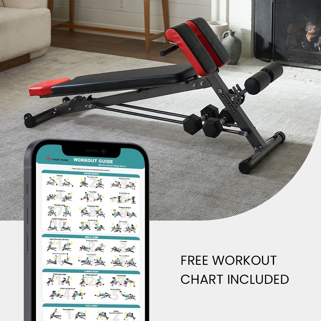 Finer Form Multi-functional Adjustable Weight Bench with Free Workout Chart. Adjust to Hyper Back Extension, Roman Chair, Ab Sit Up Bench , Decline, Flat, No Incline. Perfect Workout Equipment for a Weights Dumbbells Set - Image 7