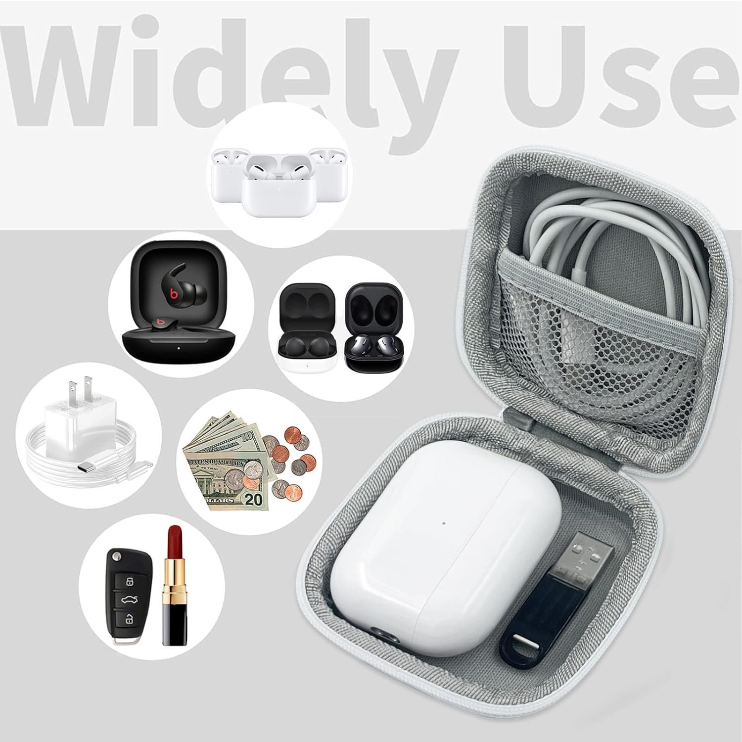 Square Earbud Case, Headphone Organizer Ear Bud Case Portable EVA Carrying Case Storage Bag with Carabiner for AirPods 4 Airpods Pro 2 Beats Bose Galaxy Buds 3 Data Cable Storage (Blooming Floral) - Image 8