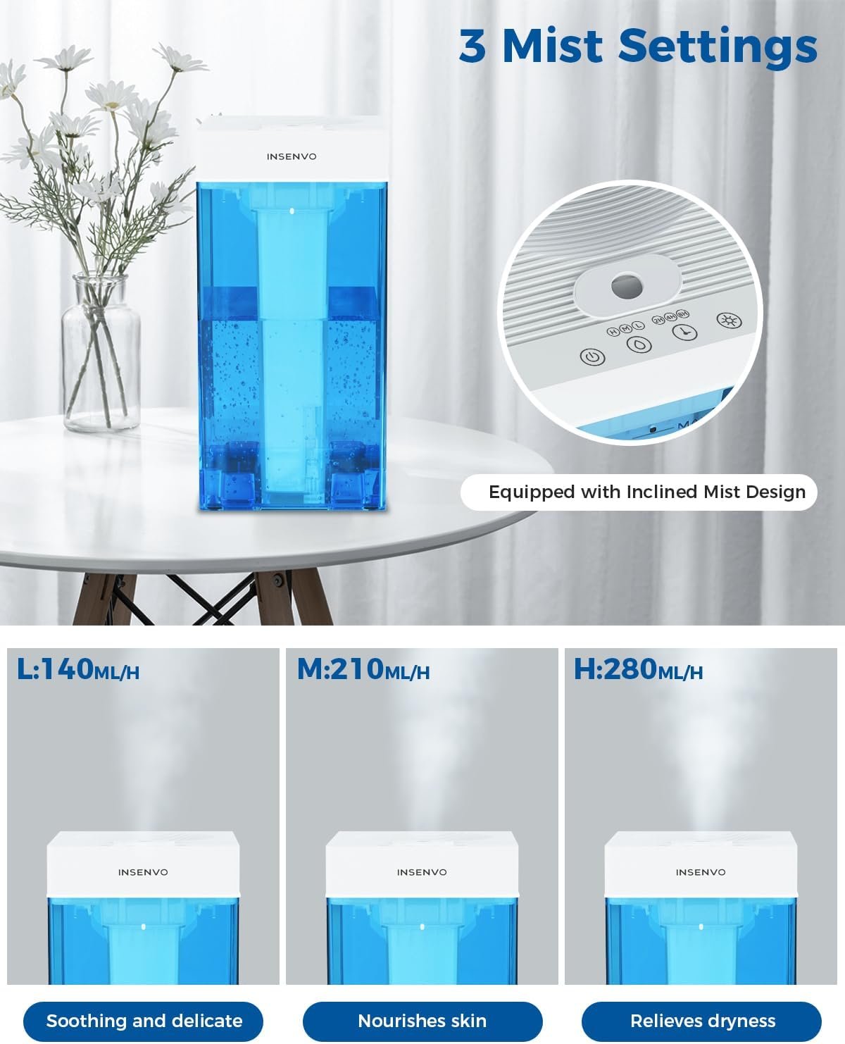 Top Fill Humidifier, 5L Cool Mist Humidifier with Touch Control, Ultrasonic Adjustable 3 Mist Outputs, 3 Timers, Auto Shut-off Air Humidifier for Bedroom, Living Room, Office, Pets, Plants - Image 4