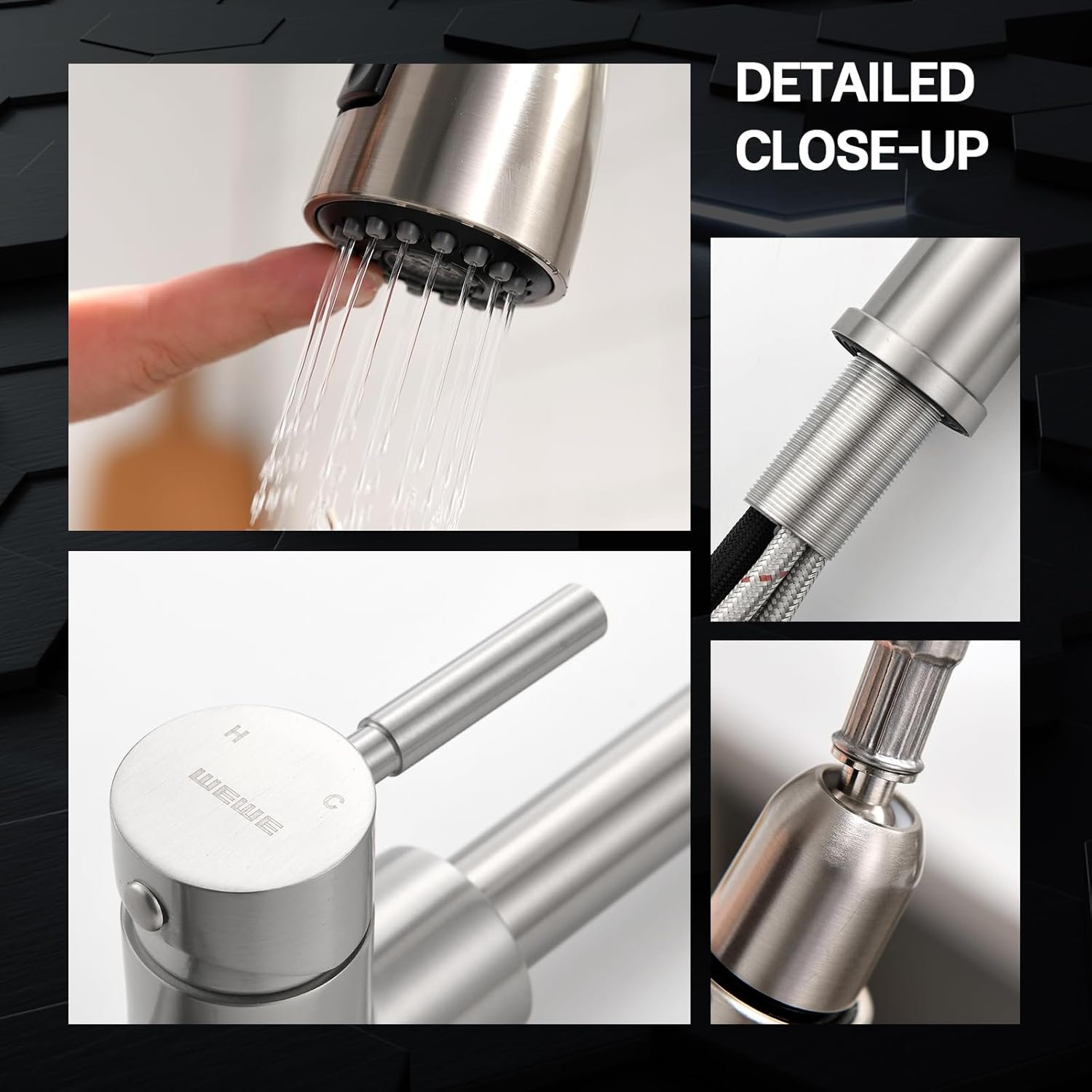 WEWE Single Handle High Arc Brushed Nickel Pull Out Kitchen Faucet,Single Level Stainless Steel Kitchen Sink Faucets with Pull Down Sprayer - Image 7