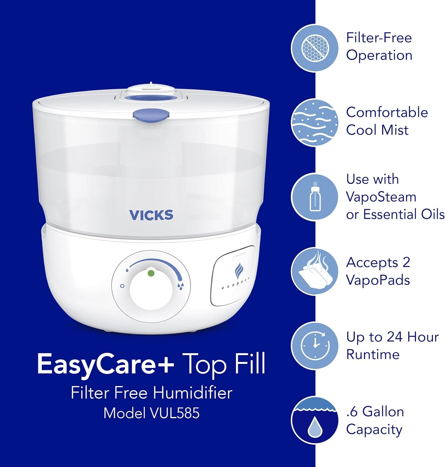 Vicks EasyCare Plus Top Fill Filter-Free Cool Mist Humidifier, Small Room–For Vapors 2 Ways –Works with Vicks VapoPads and VapoSteam, White - Image 8