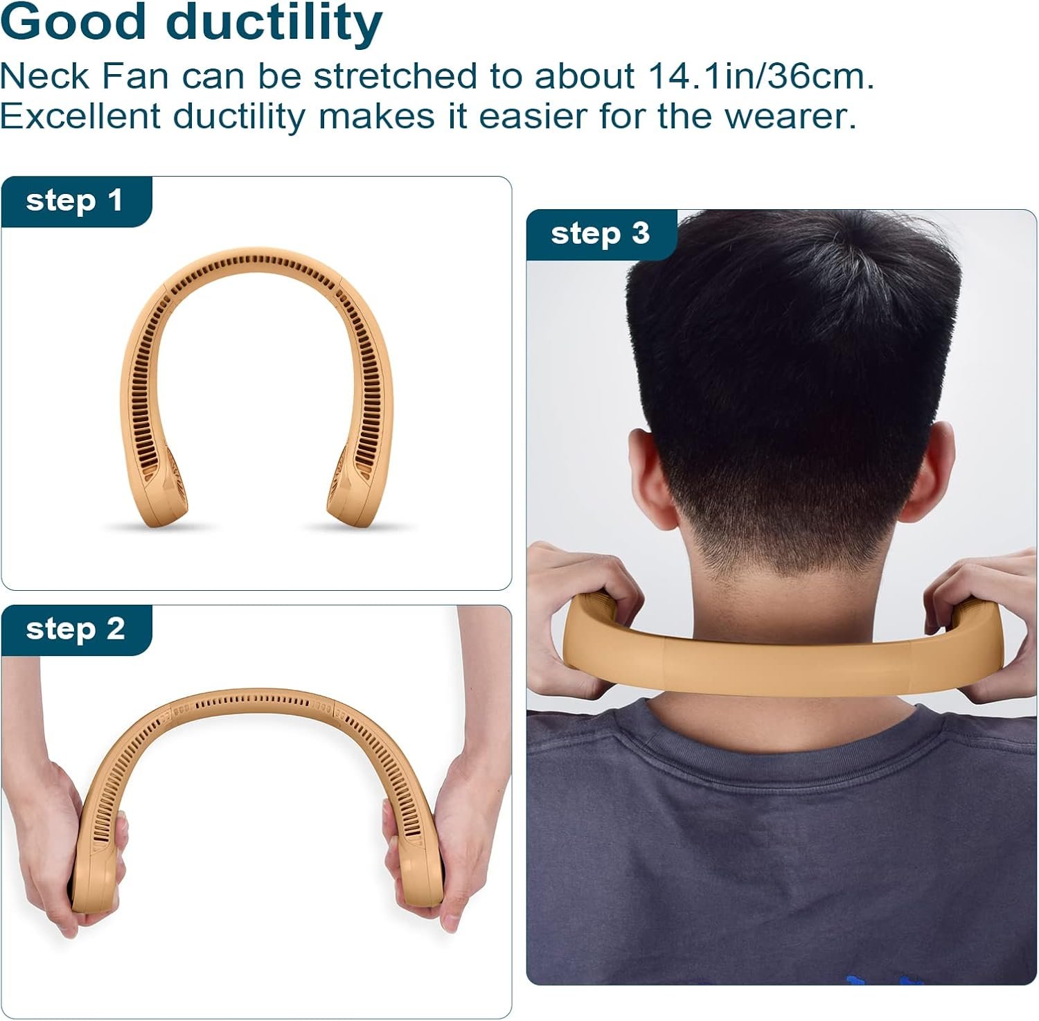 CIVPOWER Neck Fan: Portable Personal Neck Cooling Rechargeable Bladeless Fan - Hands Free 3 Speed 4000 mAh Battery USB Operated Wearable Headphone Design - for Men Women Outdoor Indoor Caramel - Image 8