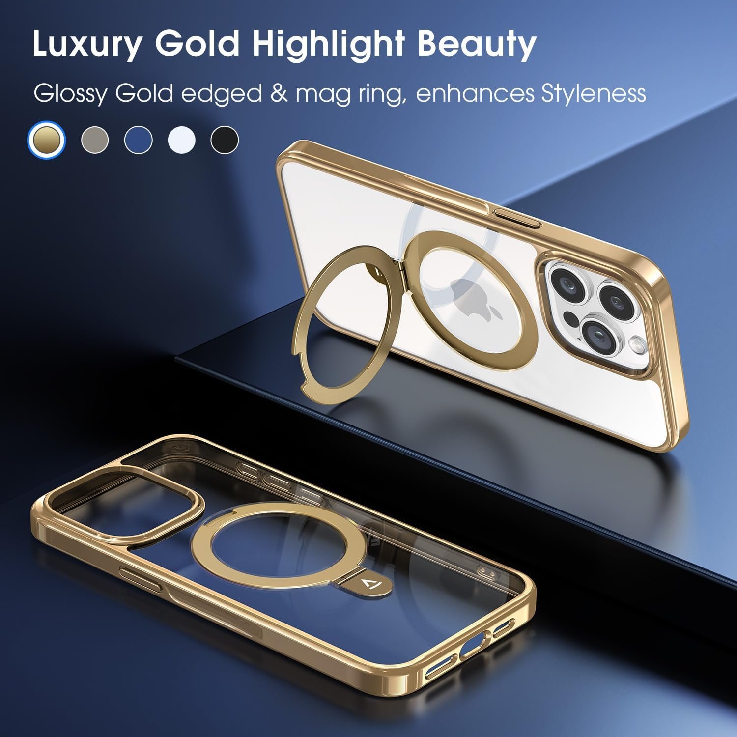 Alphex Titanium Stand for MagSafe iPhone 15 Pro Max Case, Polished Titanium Match for iPhone, 12FT Military Drop Protection, Shockproof Phone Ring Slim Cover 6.7 inch, Gold Titanium - Image 4