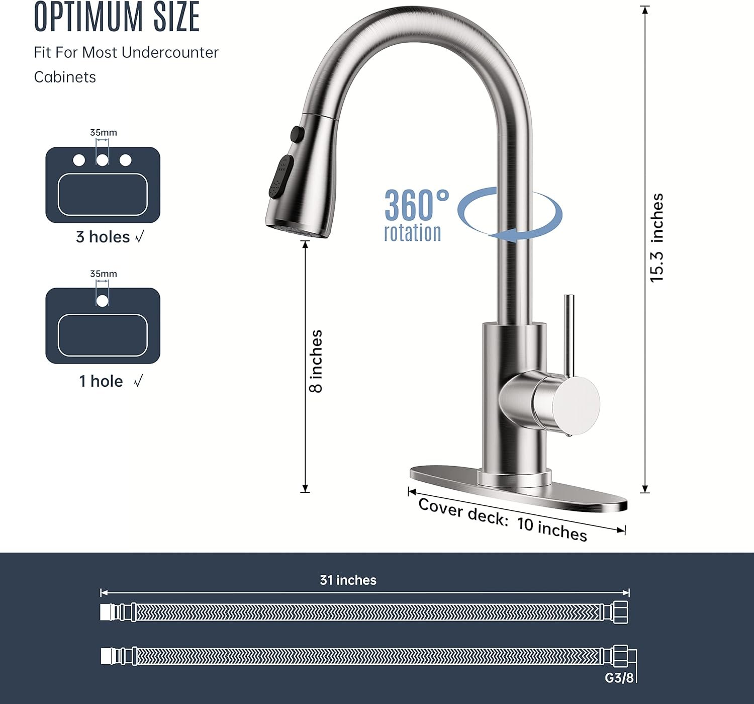 Kitchen Faucet with Pull-Down Spray Single Handle high arc Commercial Stainless Steel Brushed Nickel Kitchen Sink Faucet with Deck Suitable for bar Laundry RV Farmhouse (Brushed Nickel) - Image 3