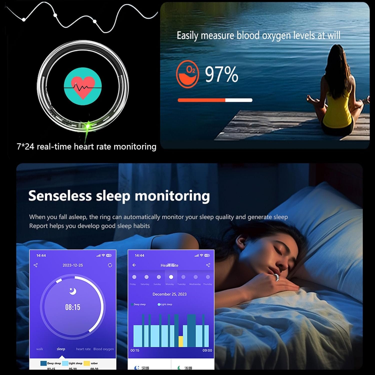 Smart Ring Fitness Tracker for Men Women, Health Sleep Heart Rate Blood Oxygen Tracker Smart Ring with Wireless Charger Box, IP67 Waterproof Bluetooth Tracker Rings, Free APP (Black)… - Image 7