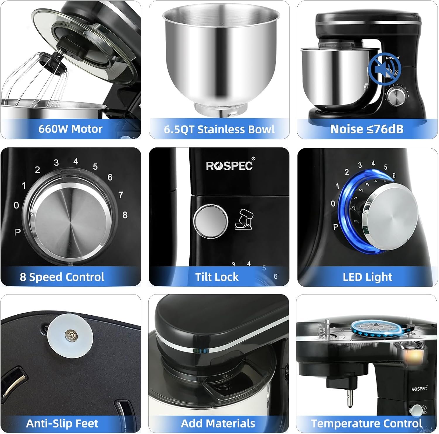 Stand Mixer,6.5-QT 660W 8-Speed Tilt-Head Food Mixer, Kitchen Electric Mixer with Dough Hook, Wire Whip & Beater (Black) - Image 4