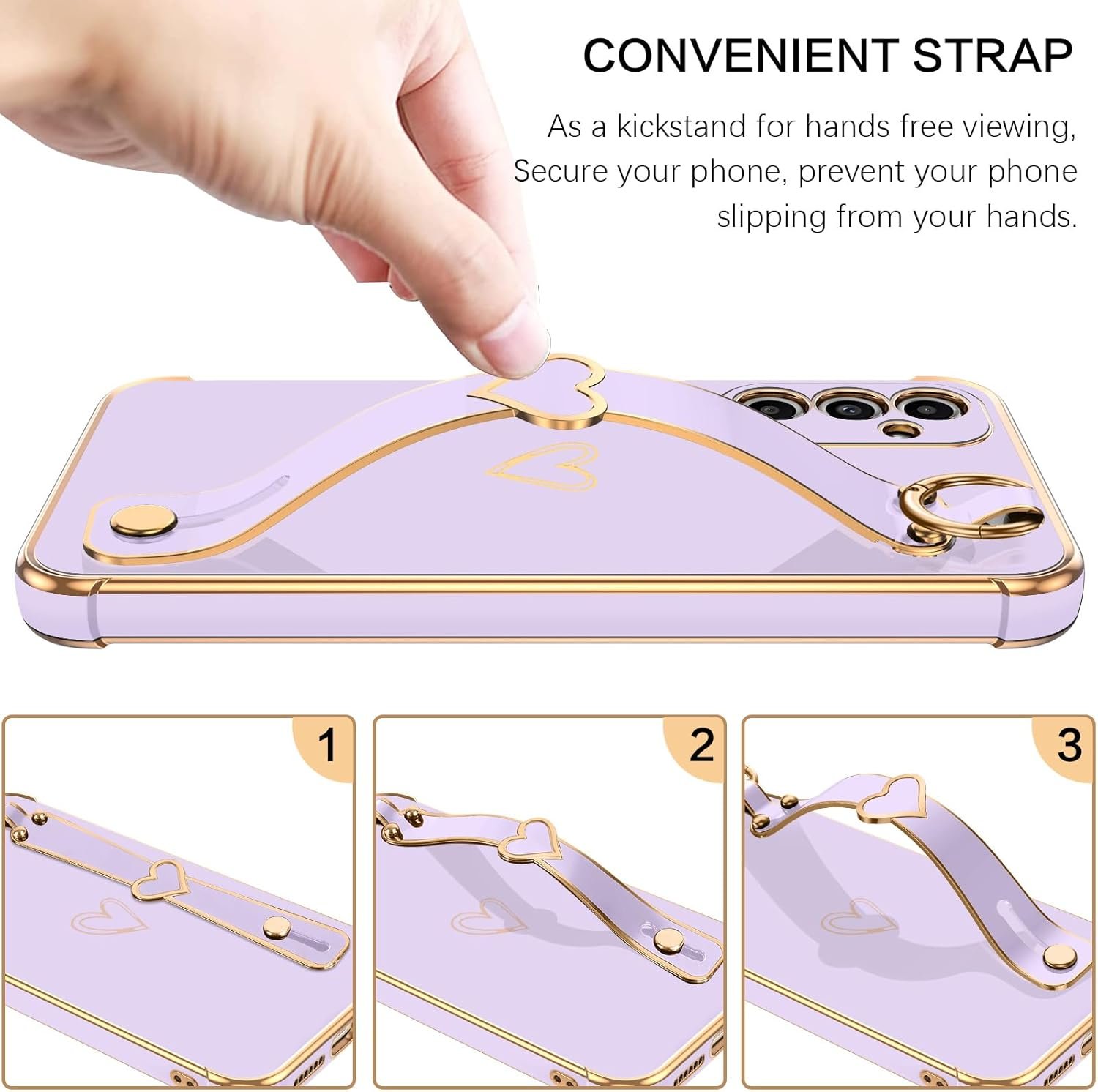 BENTOBEN for Galaxy A14 5g Phone Case with Adjustable Wristband Kickstand, Cute Heart Luxury Plating Bumper, Raised Corners Shockproof Women Girls Phone Cover for Samsung Galaxy A14, Lavender Purple - Image 5