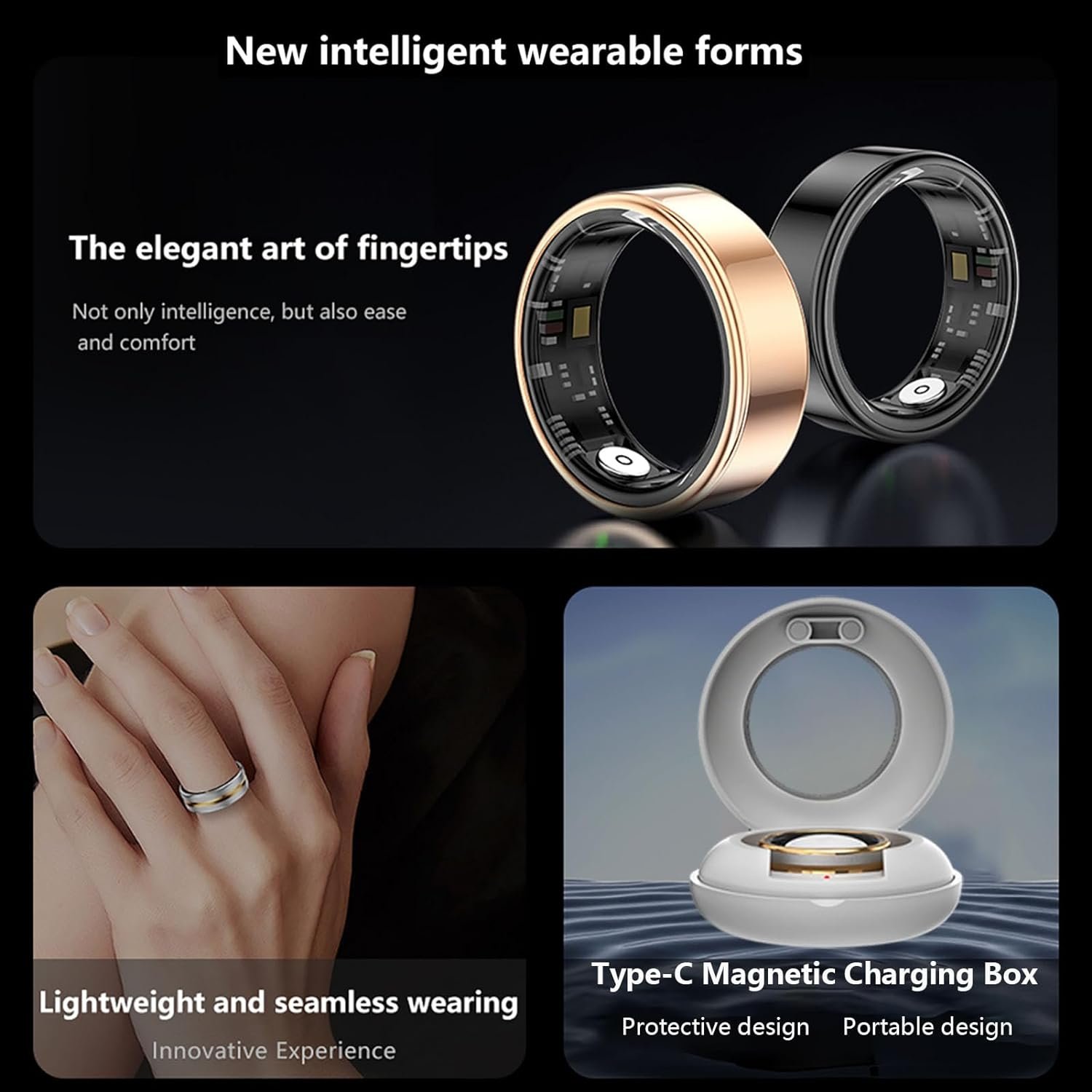 Smart Ring Fitness Tracker for Men Women, Health Sleep Heart Rate Blood Oxygen Tracker Smart Ring with Wireless Charger Box, IP67 Waterproof Bluetooth Tracker Rings, Free APP (Black)… - Image 3