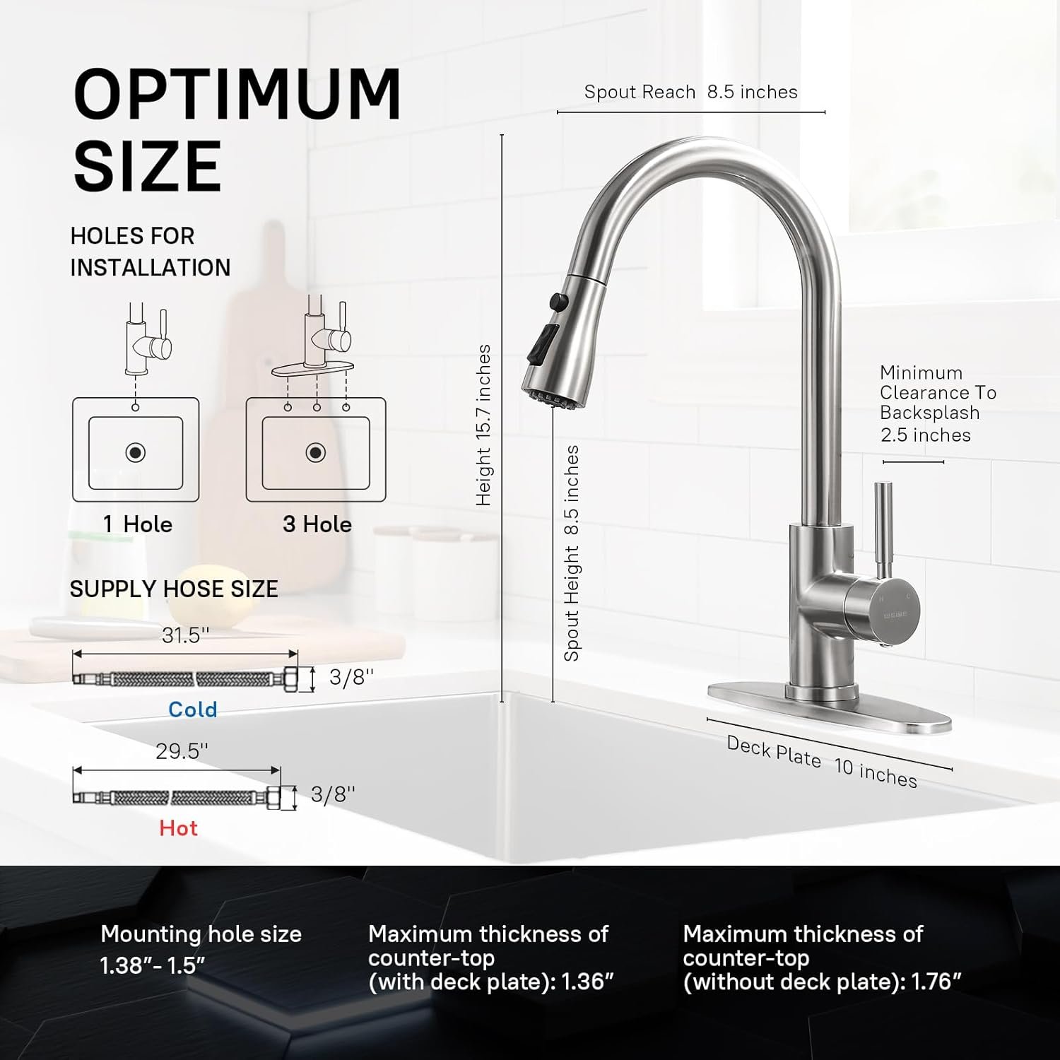 WEWE Single Handle High Arc Brushed Nickel Pull Out Kitchen Faucet,Single Level Stainless Steel Kitchen Sink Faucets with Pull Down Sprayer - Image 3