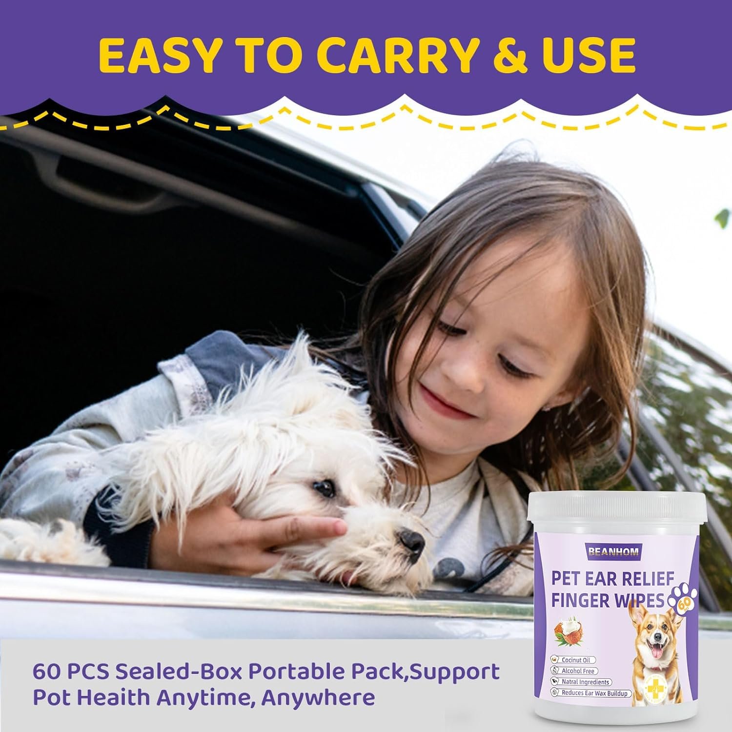 Dog Ear wipes Finger - Ear Finger Wipes for Dogs & Cats - Pet Ear Cleaning Finger Wipes - Sooths & Deodorizes, Prevent Ear Itch & Inflammation – Fresh Coconut Scent, All Natural Ingredients - 60 Count - Image 8