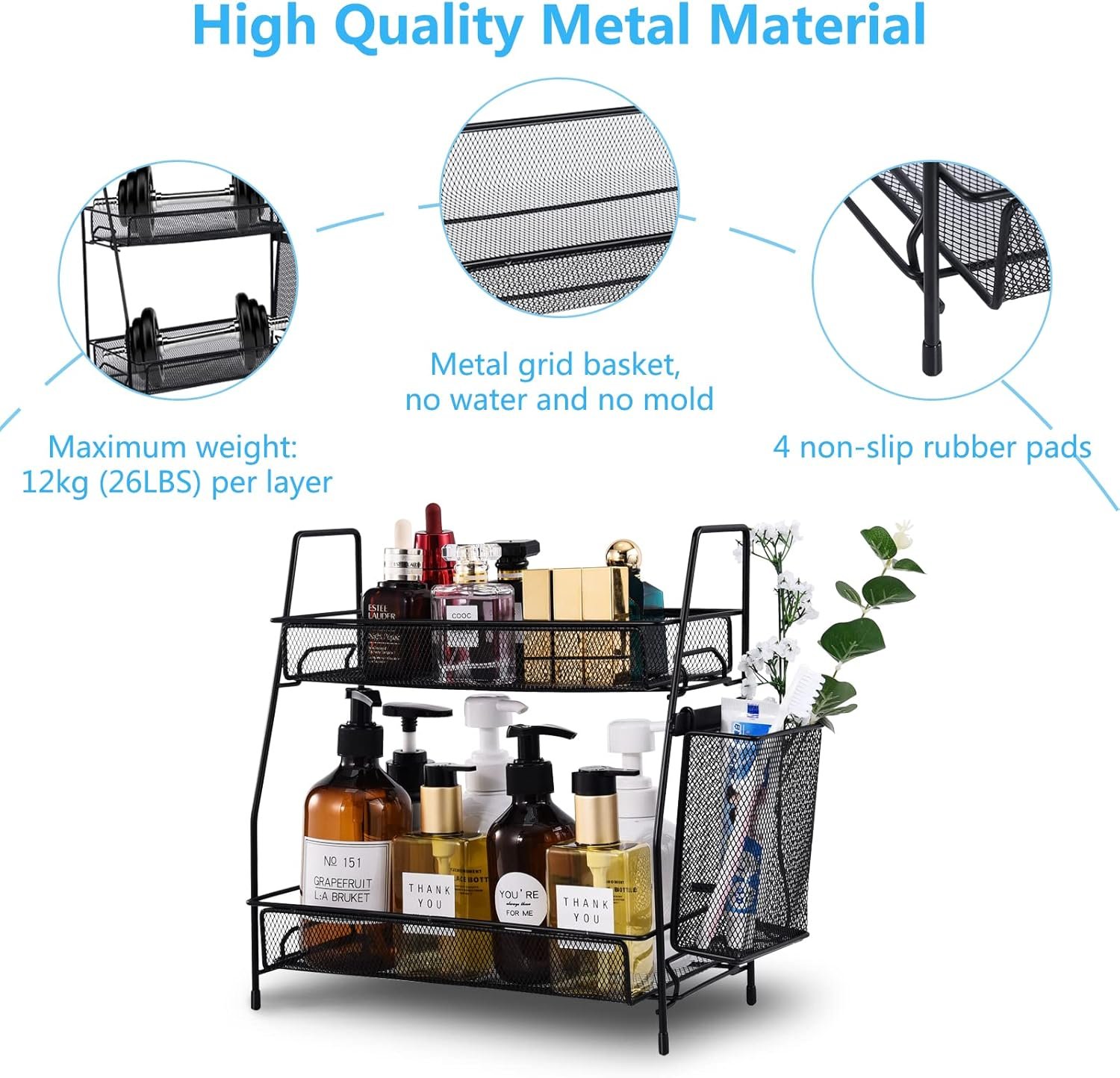 LEMIKKLE Countertop Organizer for Bathroom Counter, The Organizer for Bedroom, Spice Rack Organizer for Kitchen Counter Shelf with Small Basket(Black) - Image 9