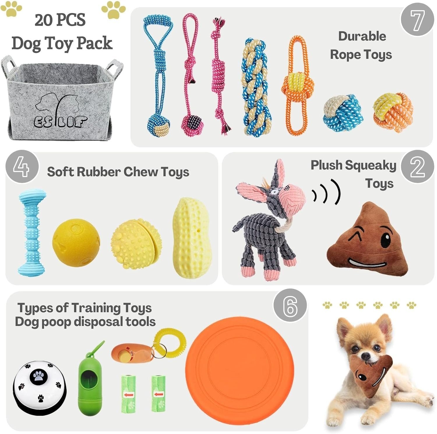 ESYLIF Dog Chew Toys for Teething,Boredom,Toothbrush,20 Pack Puppy Toys with Rope Toys, Treat Balls and Squeaky Toys for Small/Medium Breeds - Image 3