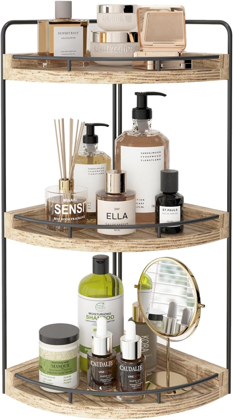 Fixwal Corner Bathroom Counter Organizer, 3 Tier Rustic Bathroom Organizer, Wood Countertop Storage Tray for Vanity, Kitchen, Bedroom (Light Brown) - Image 2