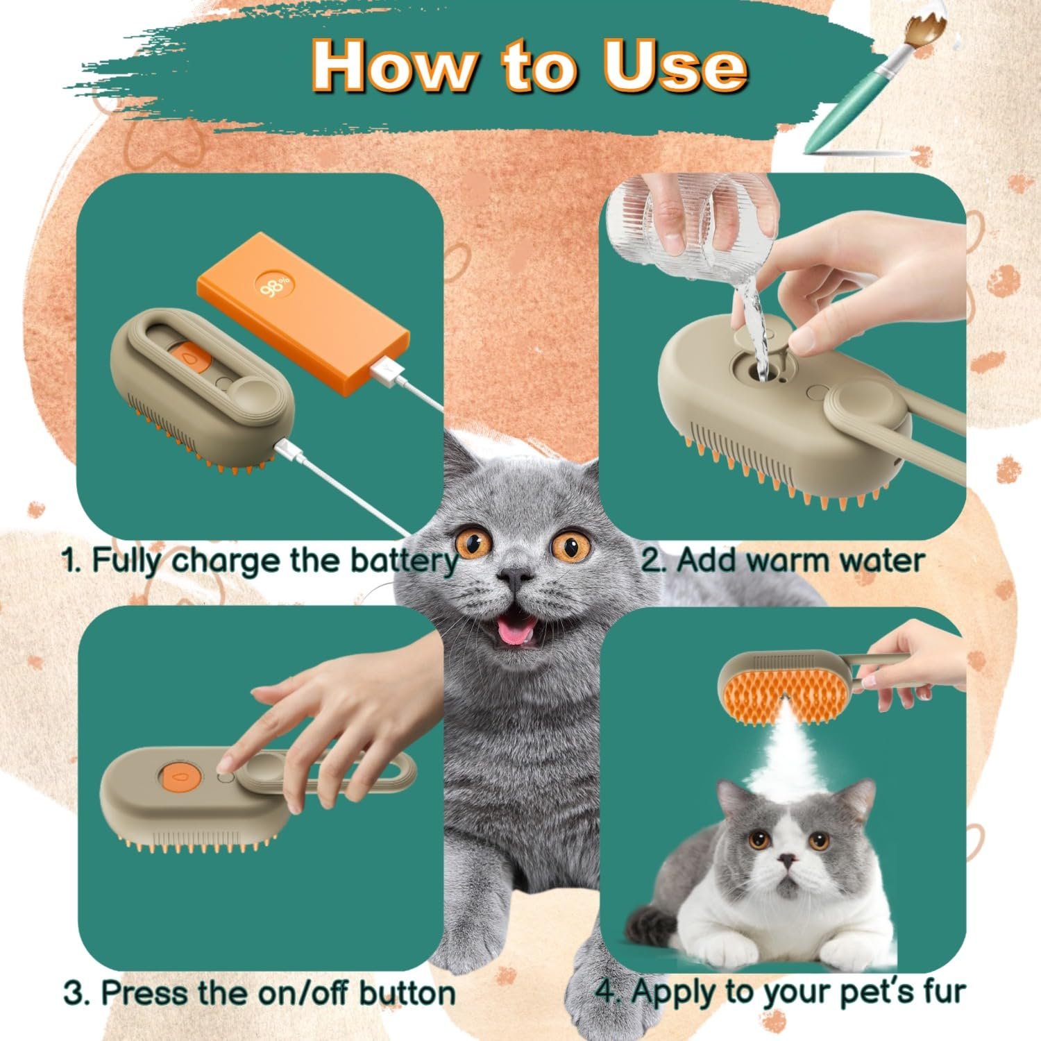 Steam Cat Cordless 3-in-1 Silicone Massaging Grooming Brush With Built-in Lithium Battery, Removes Static and Flying Pet Hair for Cats and Dogs (Beige) - Image 7