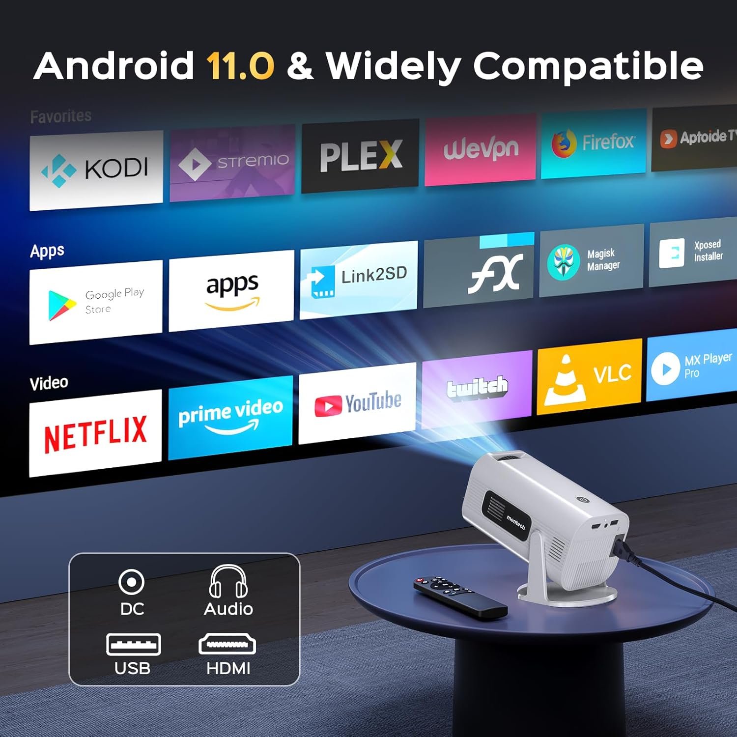 Mini Projector with WiFi and Bluetooth, 180°Adjustable Stand Smart Projector, 150" Portable Projector with Android TV 11.0, 2.4G/5G, Native 1080P, 300 ANSI Auto Keyston Outdoor/Home Movie, White - Image 7