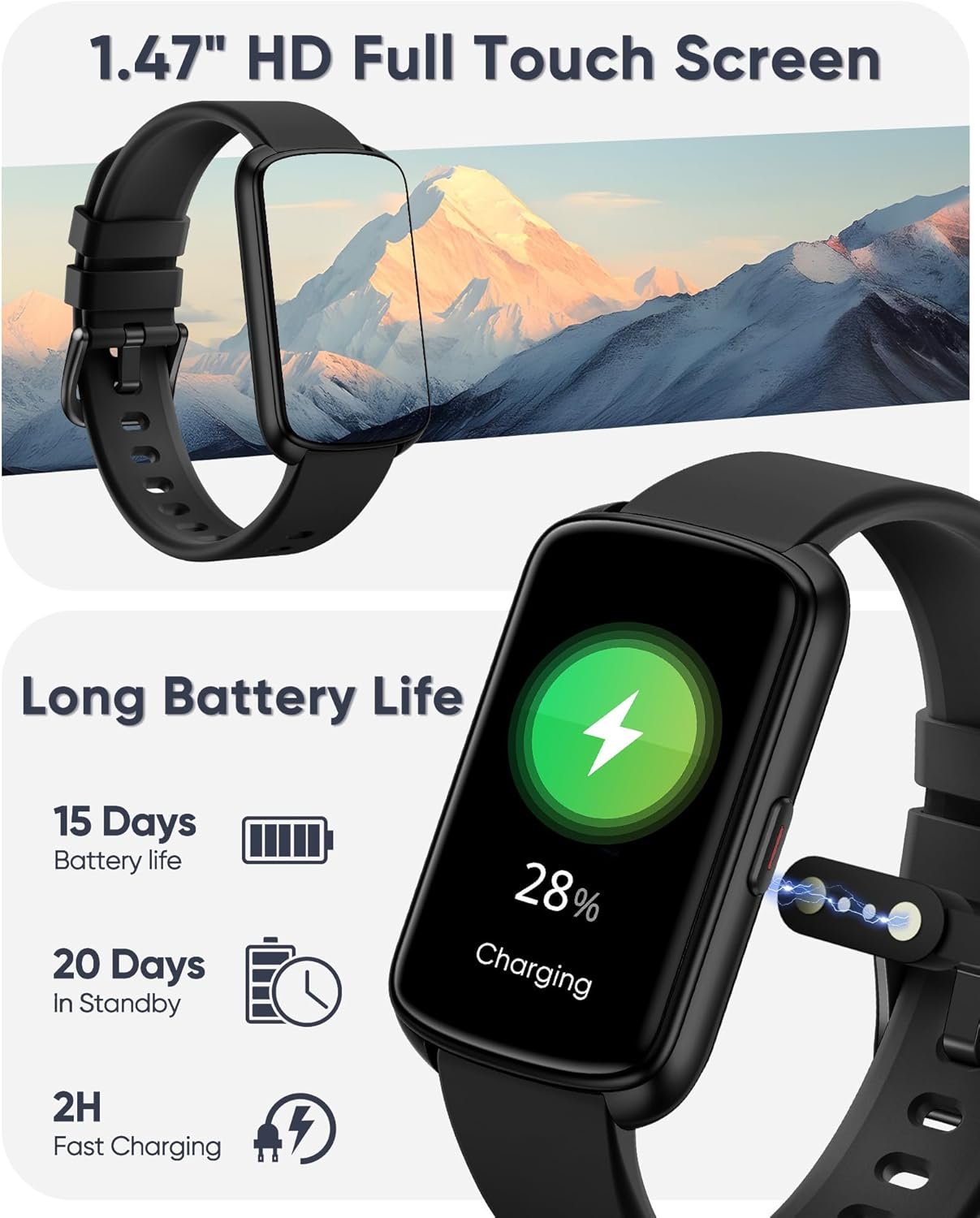 Smart Watch, 1.47" Health Fitness Tracker with 24/7 Heart Rate,Blood Pressure,Blood Oxygen Monitor,Sleep Tracker,Pedometer, IP68 Waterproof Activity Trackers Compatible with Android&iPhone Women Men - Image 8