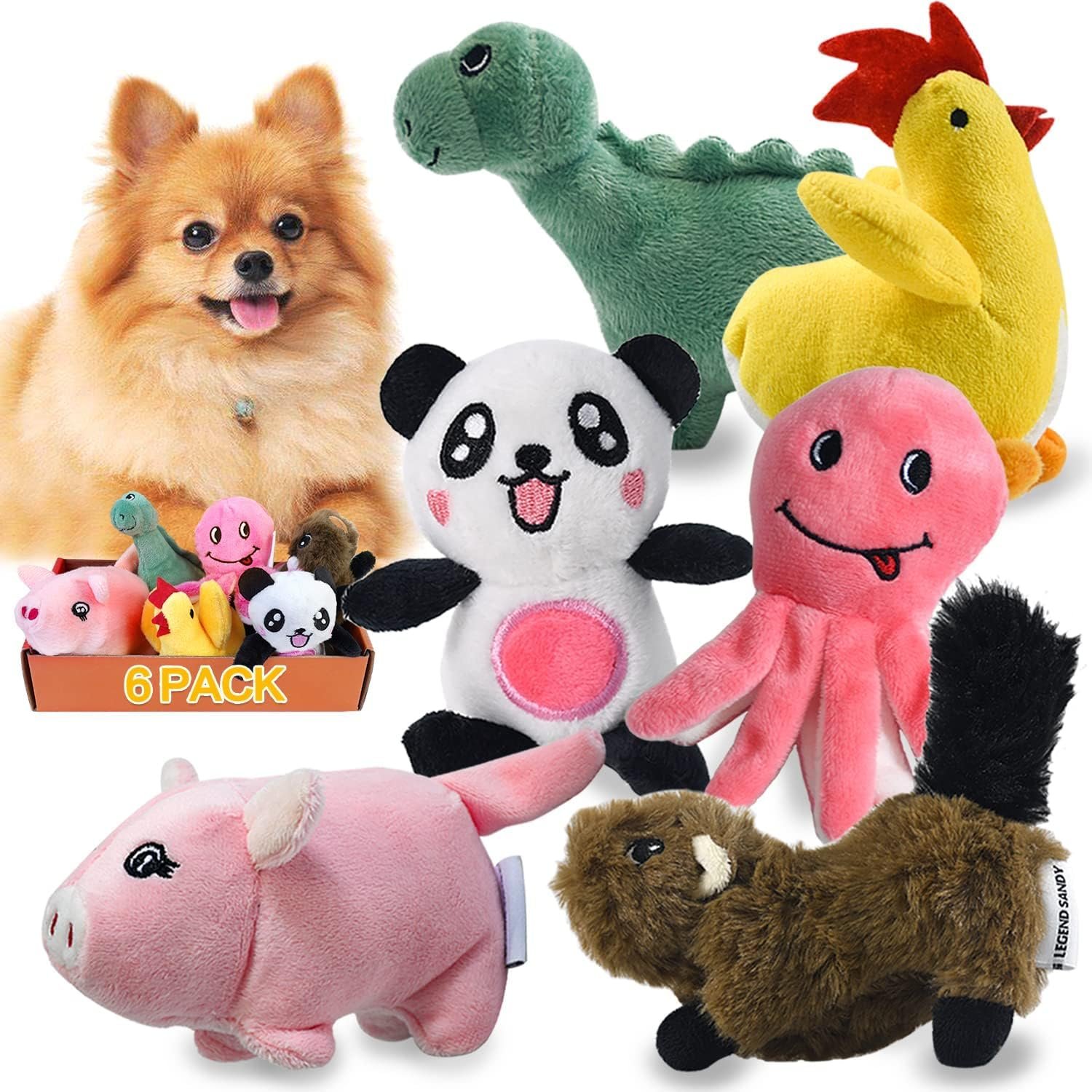 LEGEND SANDY Squeaky Plush Dog Toy Pack for Puppy, Small Stuffed Puppy Chew Toys 6 Dog Toys Bulk with Squeakers, Cute Soft Pet Toy for Small Medium Size Dogs - Image 2
