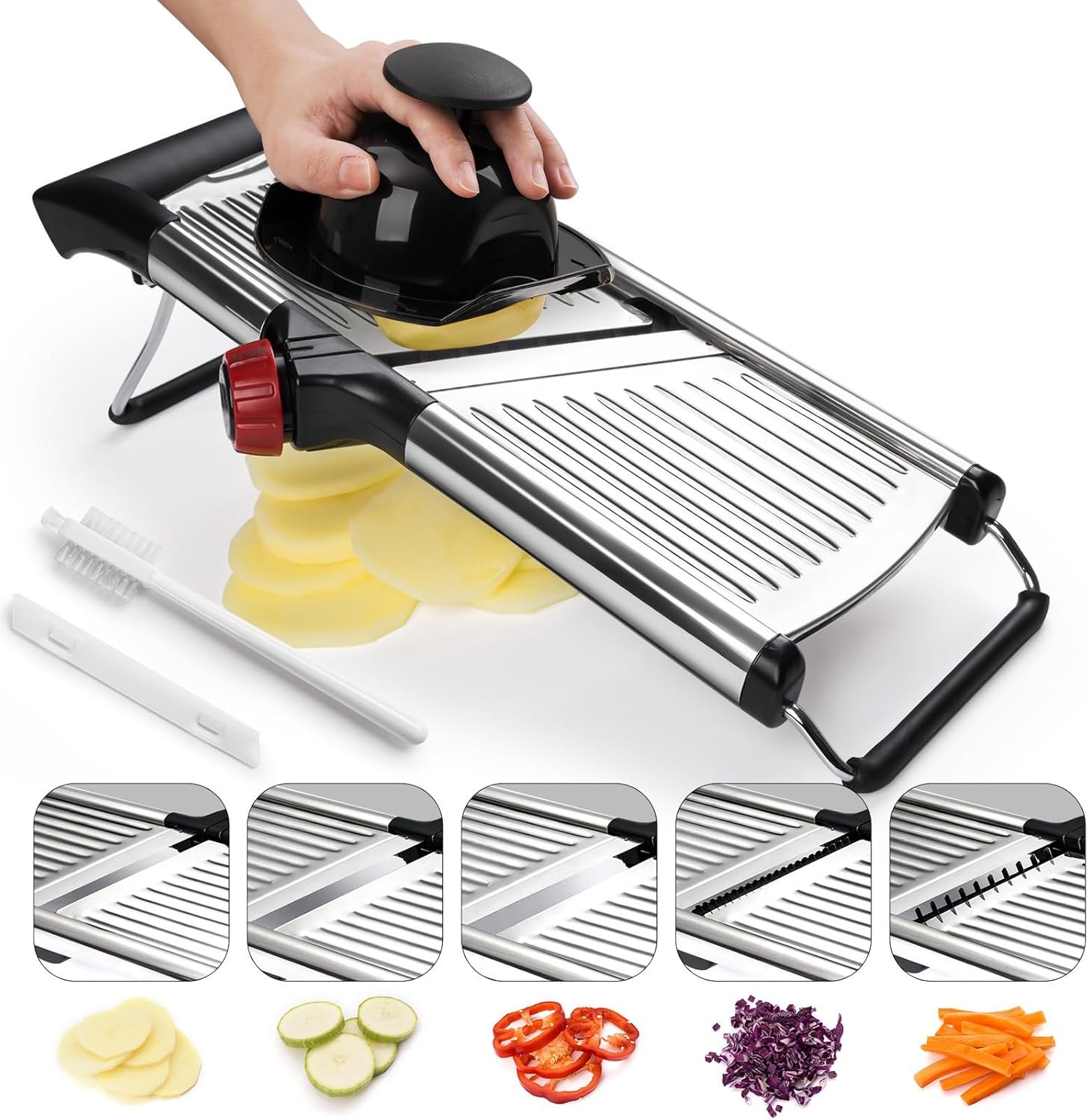 X Home Stainless Steel Mandoline Slicer for Kitchen, Adjustable Food Slicer for Vegetable, Cucumber, Potato, Cleaning Brush & Food Pusher Included - Image 2