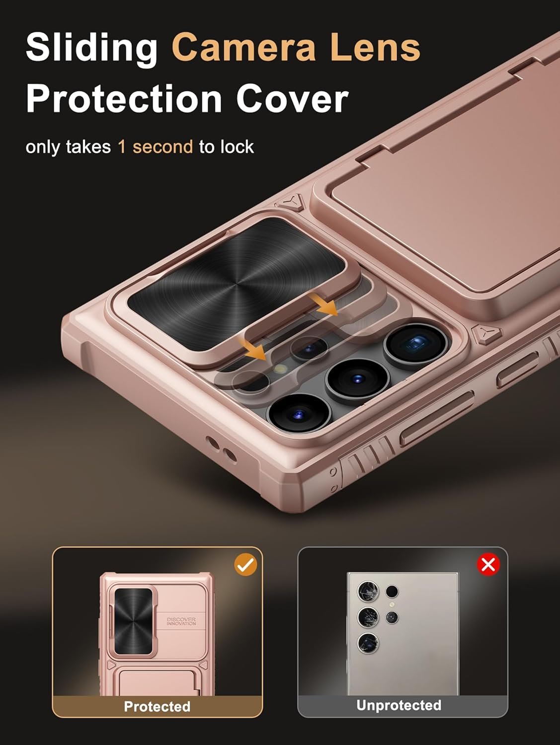 Vihibii for Samsung Galaxy S24 Ultra Case with Slide Camera Protection Cover, Built-in Card Holder (4 Cards) & Kickstand, Shockproof Rugged Wallet Phone Case for Galaxy S24 Ultra 6.8" 2024, Rose Gold - Image 5