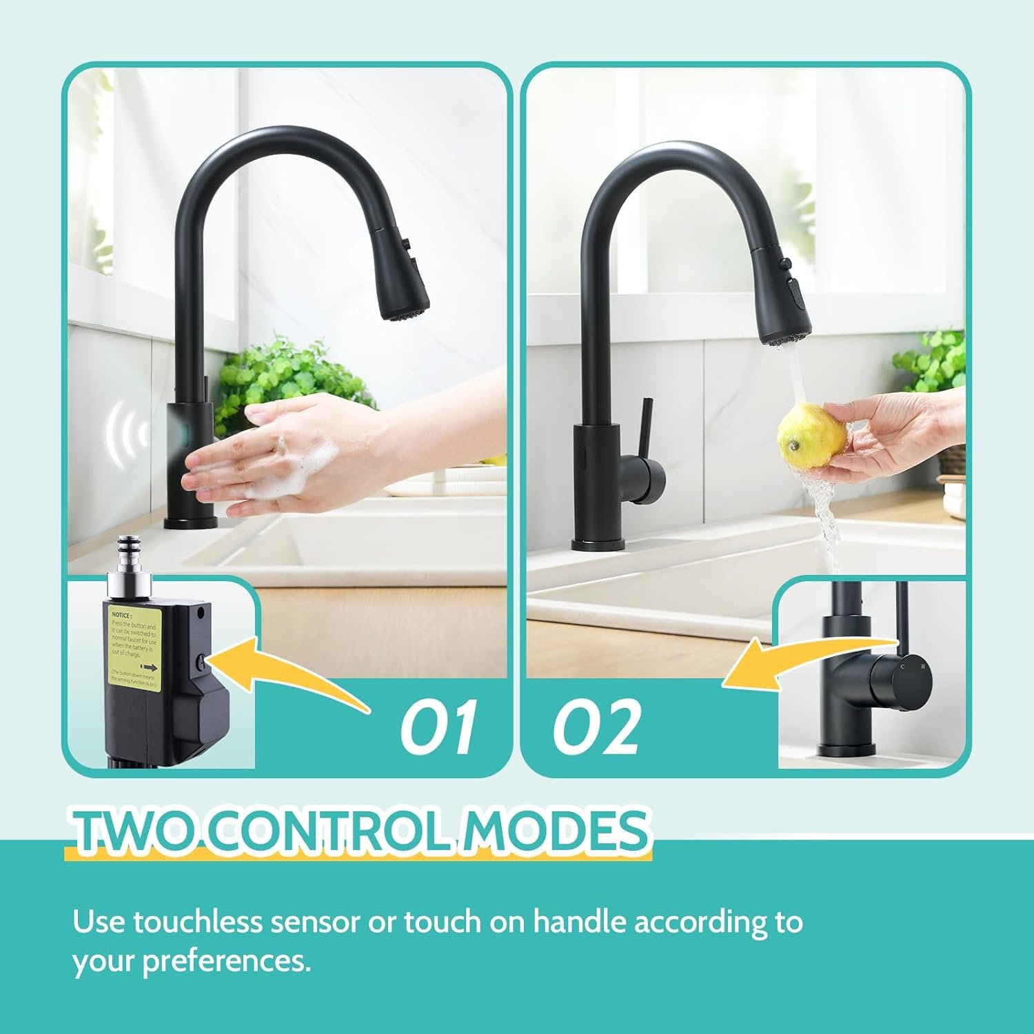 Kicimpro Black Touchless Kitchen Faucet with Pull Down Sprayer Single Handle, Side Motion Sensor Kitchen Touchless Faucet with Water Lines, Two Modes Matte Black Touchless Faucet for Kitchen Sink - Image 4