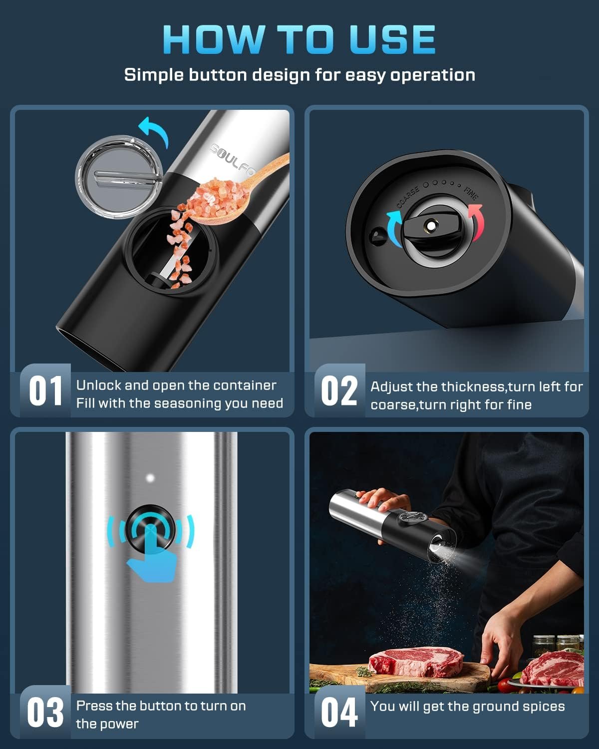 USB Rechargeable Electric Salt and Pepper Grinder Set - White Light, One Hand Operation, Adjustable Coarseness, Refillable - By SoulFox - Image 9