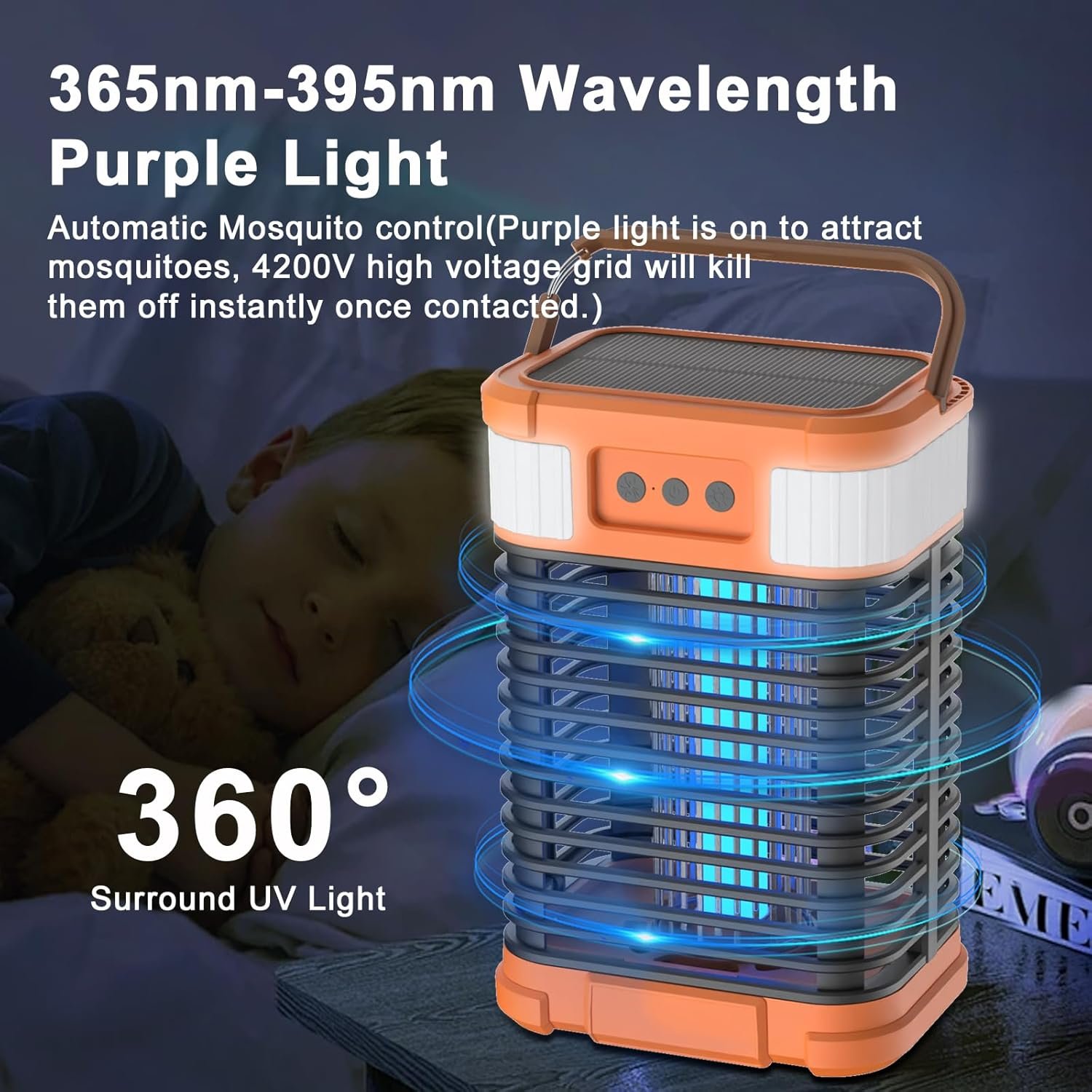 Solar Bug Zapper, 4200V Mosquito Zapper, Cordless & Rechargeable Bug Zapper Outdoor with LED Light, Portable Waterproof Electric Fly Zapper with Hook, for Patio Camping Backyard Garden - Image 8