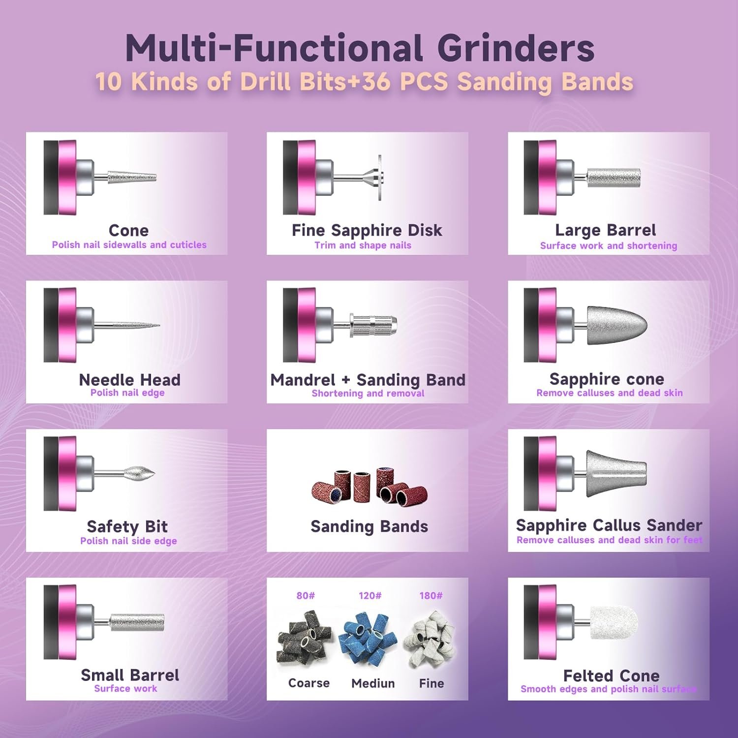 Professional Nail Drill,Electric Nail File kit for Acrylic Gel Nails,Electric Manicure and Pedicure Tools,10 Speeds Nail Care Gift for Trimmer,Grinder,Buffer(Black) - Image 8