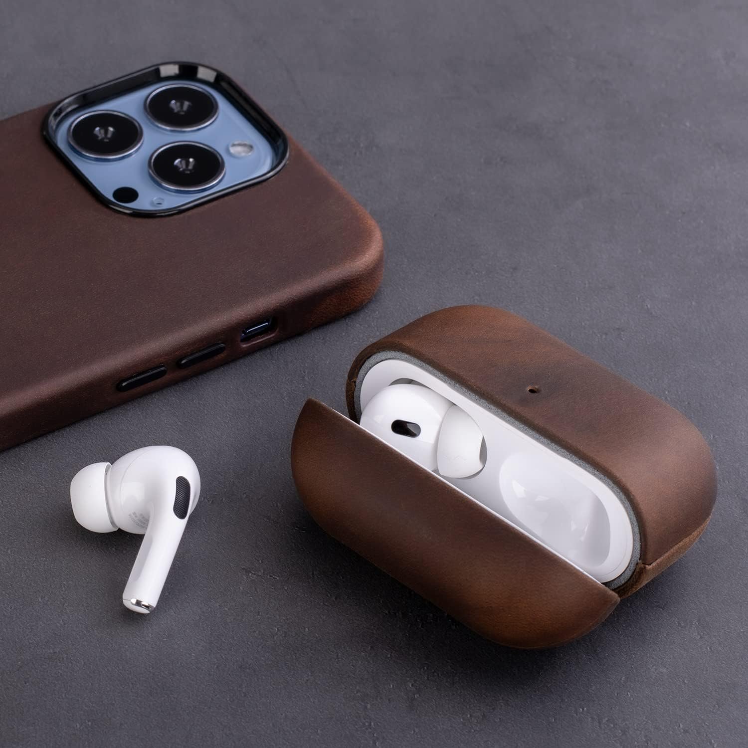 MAOGOAM for AirPods Pro 2nd Generation Leather Case Cover with Button, Genuine Oil Wax Crazy Horse Cowhide Leather Case for Airpods Pro 2, Indiana-Jones Style, The Front LED Visible,Dark Brown - Image 4