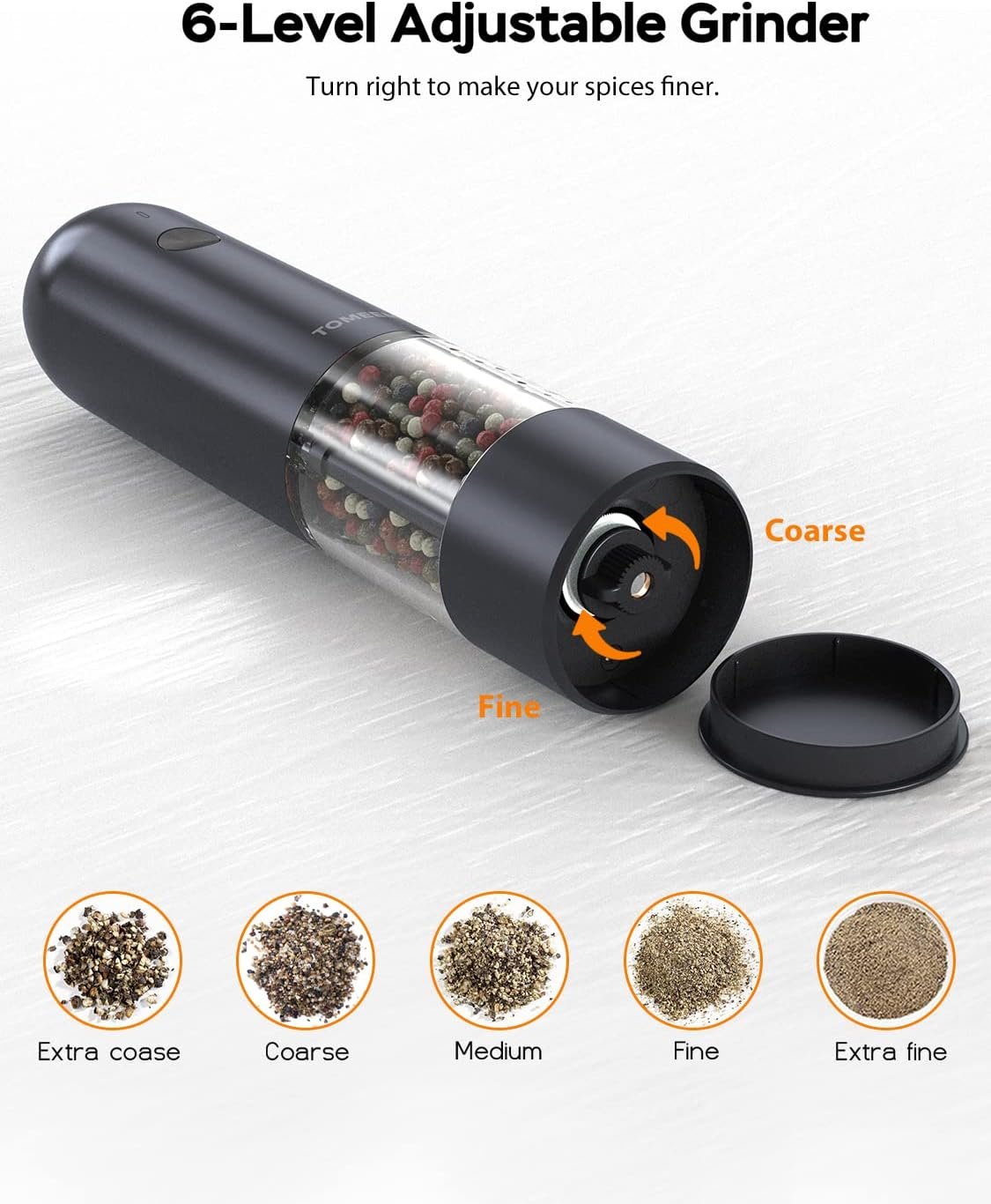 Upgraded Larger Capacity: Electric Salt and Pepper Grinder Set Rechargeable with LED lights - Stainless Steel Automatic Pepper and Salt Grinder Refillable with 6 Adjustable Coarseness - Image 8