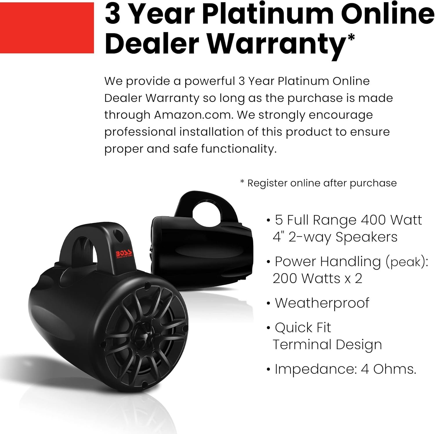 BOSS Audio Systems MRWT40 ATV UTV Marine Weatherproof Waketower System - 4 Inch Stereo Speakers, Full Range, 2 Way, Tweeters, IPX5 Rated, Sold in Pairs, Wake Tower For Boat - Image 4