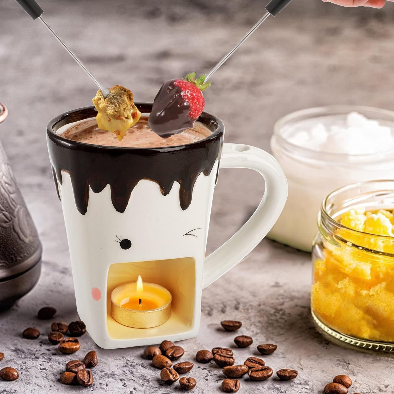 Dicunoy Set of 2 Fondue Mugs with Forks, Ceramic Personal Chocolate Melting Cup for Cheese, Individual Ceramic Butter Warmers Pot, Tealight Candle Mini Simmer Mug for Caramel, Tapas - Image 7