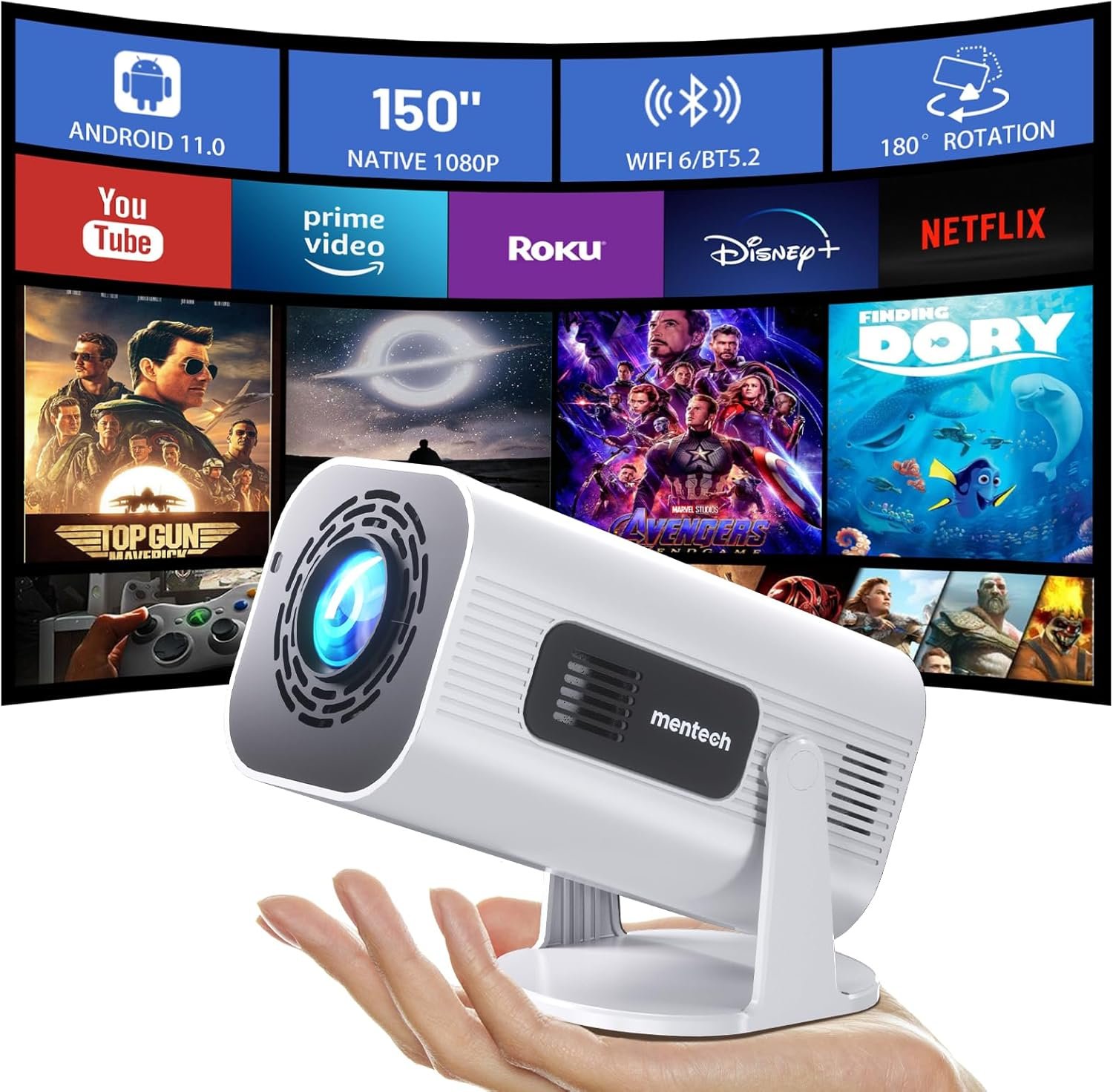 Mini Projector with WiFi and Bluetooth, 180°Adjustable Stand Smart Projector, 150" Portable Projector with Android TV 11.0, 2.4G/5G, Native 1080P, 300 ANSI Auto Keyston Outdoor/Home Movie, White - Image 2