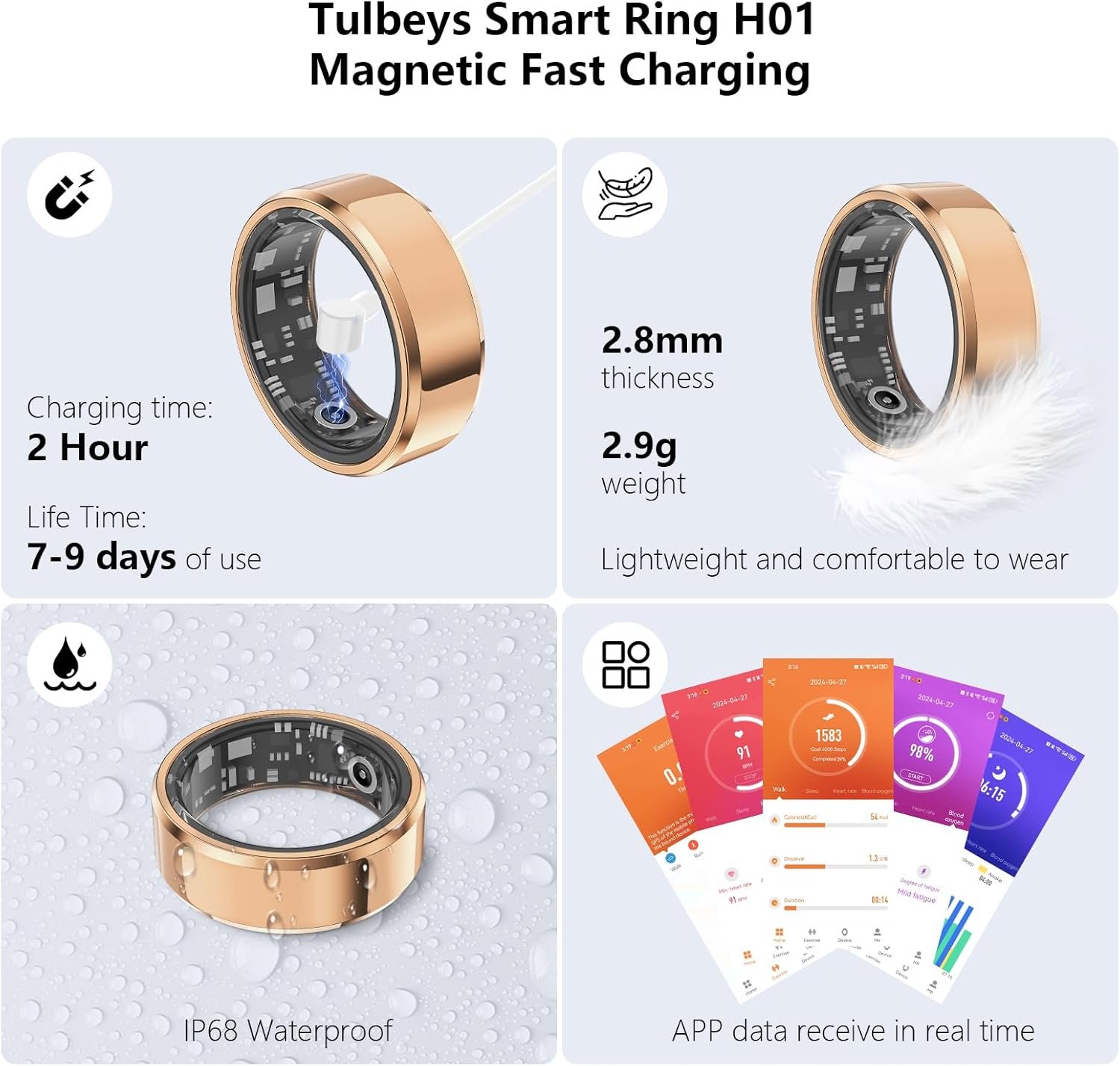 Fitness Tracker Smart Ring,Step Counter,Heart Rate Blood Oxygen Sleep Tracker Health Ring, 5ATM Waterproof Long Battery Life Smart Rings Compatible with iOS & Android (Rose Gold, US 8) - Image 7