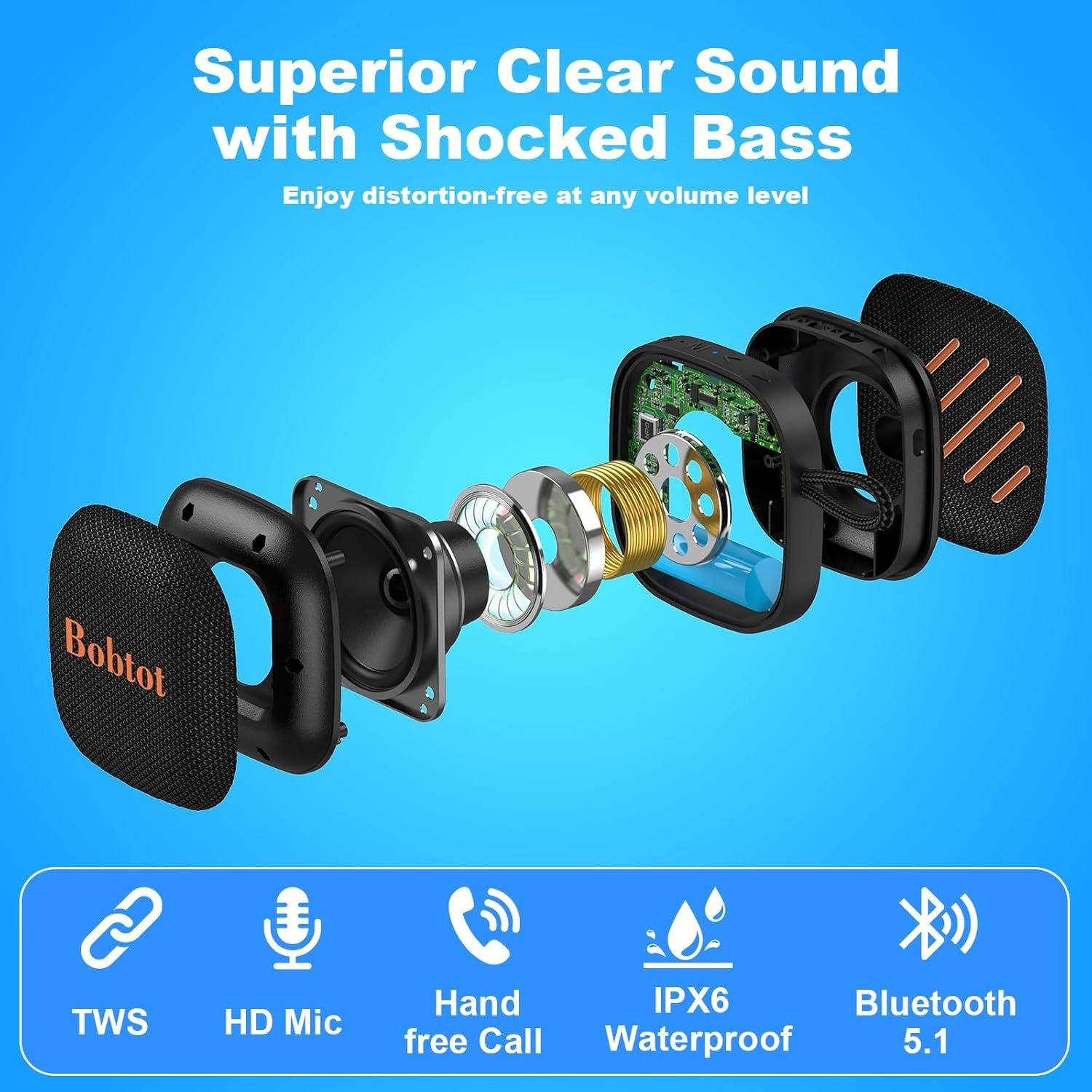 Bobtot Portable Bluetooth Speakers Wireless Speaker - Waterproof Mini Shower Speaker with 16 Hours Playtime, Loud Stereo Sound, Rich Bass, TWS, Built-in Mic for Home Travel Sport, Black - Image 6