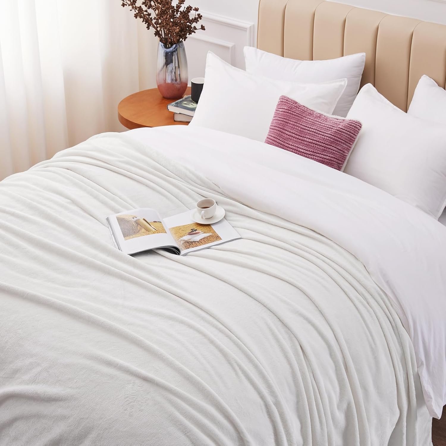 CozyLux Fleece Bed Blankets Queen Size White - 300GSM Soft Lightweight Cozy Plush Fuzzy Microfiber Flannel Blanket for Travel Camping Chair and Sofa, 90x90 inches - Image 3