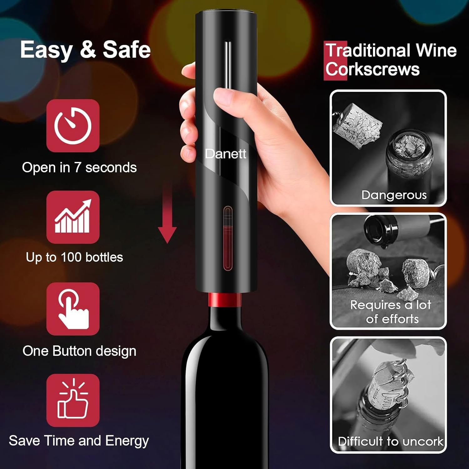 Electric Wine Opener Set - Automatic Corkscrew Opener with Foil Cutter, Pourer, and Vacuum Stoppers - Battery Operated - 4-in-1 Wine Accessories Kit-for Wine Lovers - Image 4