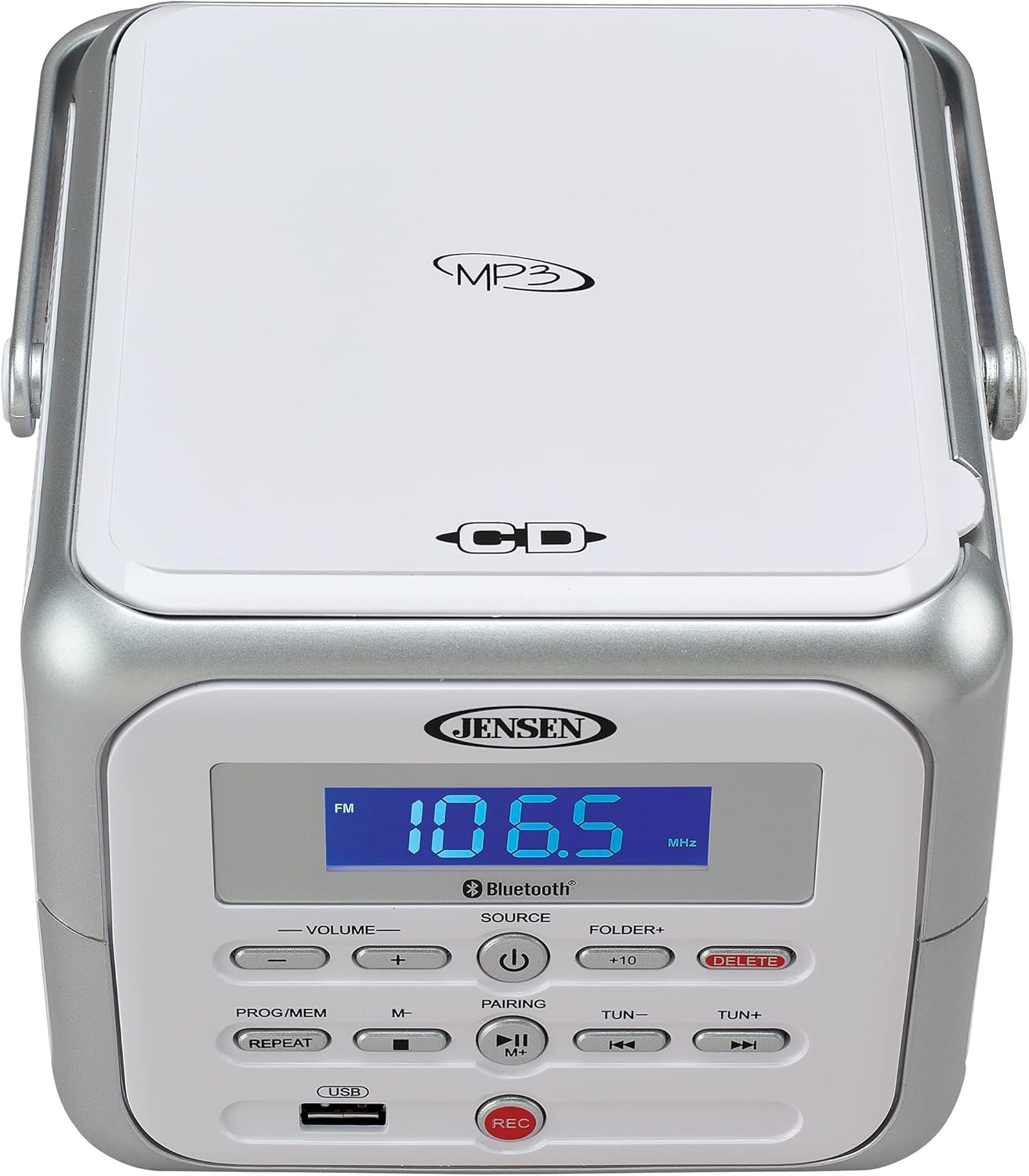 Jensen CD-660 Portable Stereo CD Player Boombox with Bluetooth | FM Radio | USB | Aux-in Headphone Jack | CD-R/RW MP3 Playback | (Platinum Silver) - Image 3