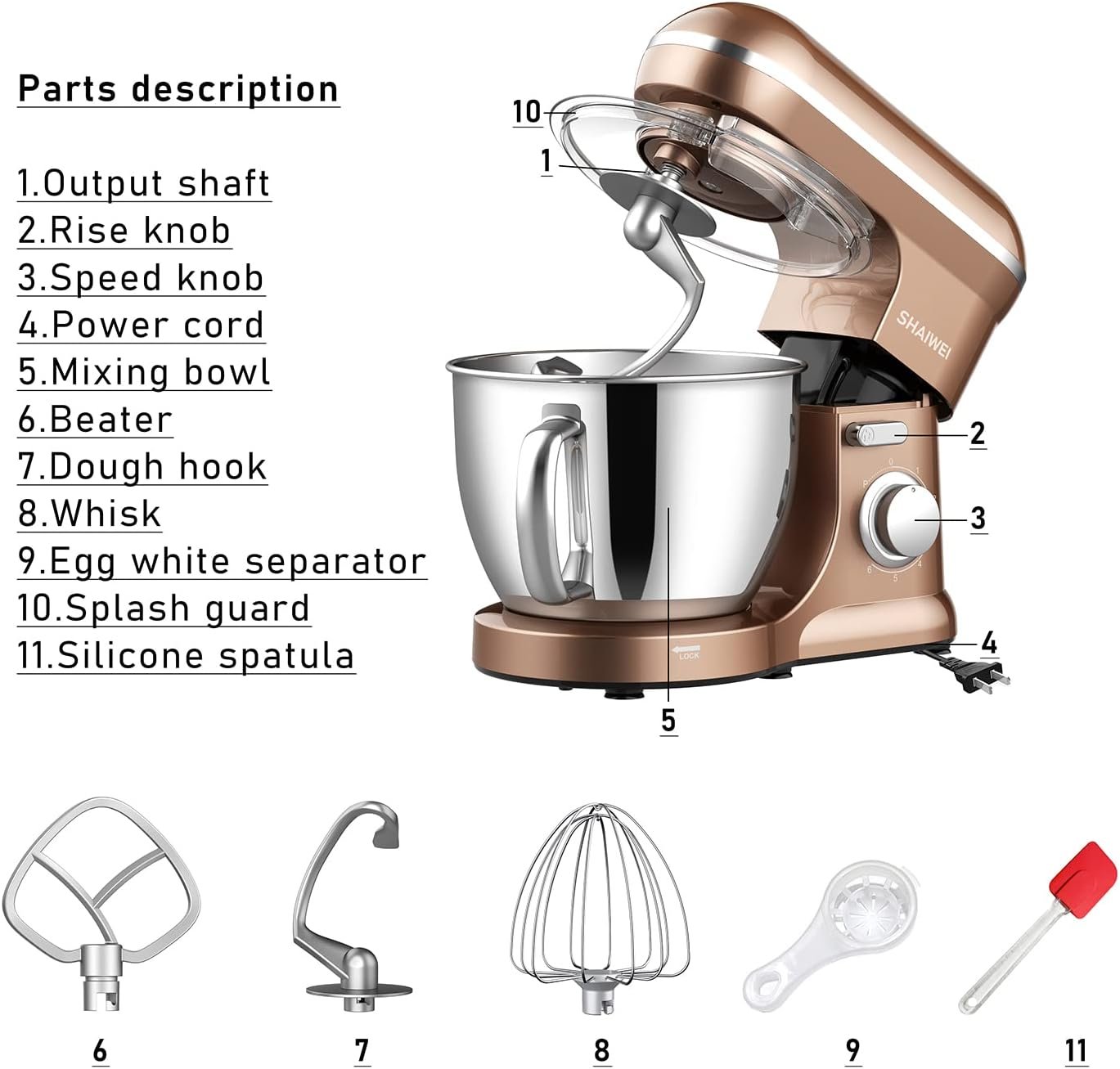 Kitchen Stand Mixer, 6.5 Quart, 6 Speed Tilt-Head Kitchen Mixer, Electric Food Mixer with Dough Hook, Wire Whip, Beater, Gold - Image 8