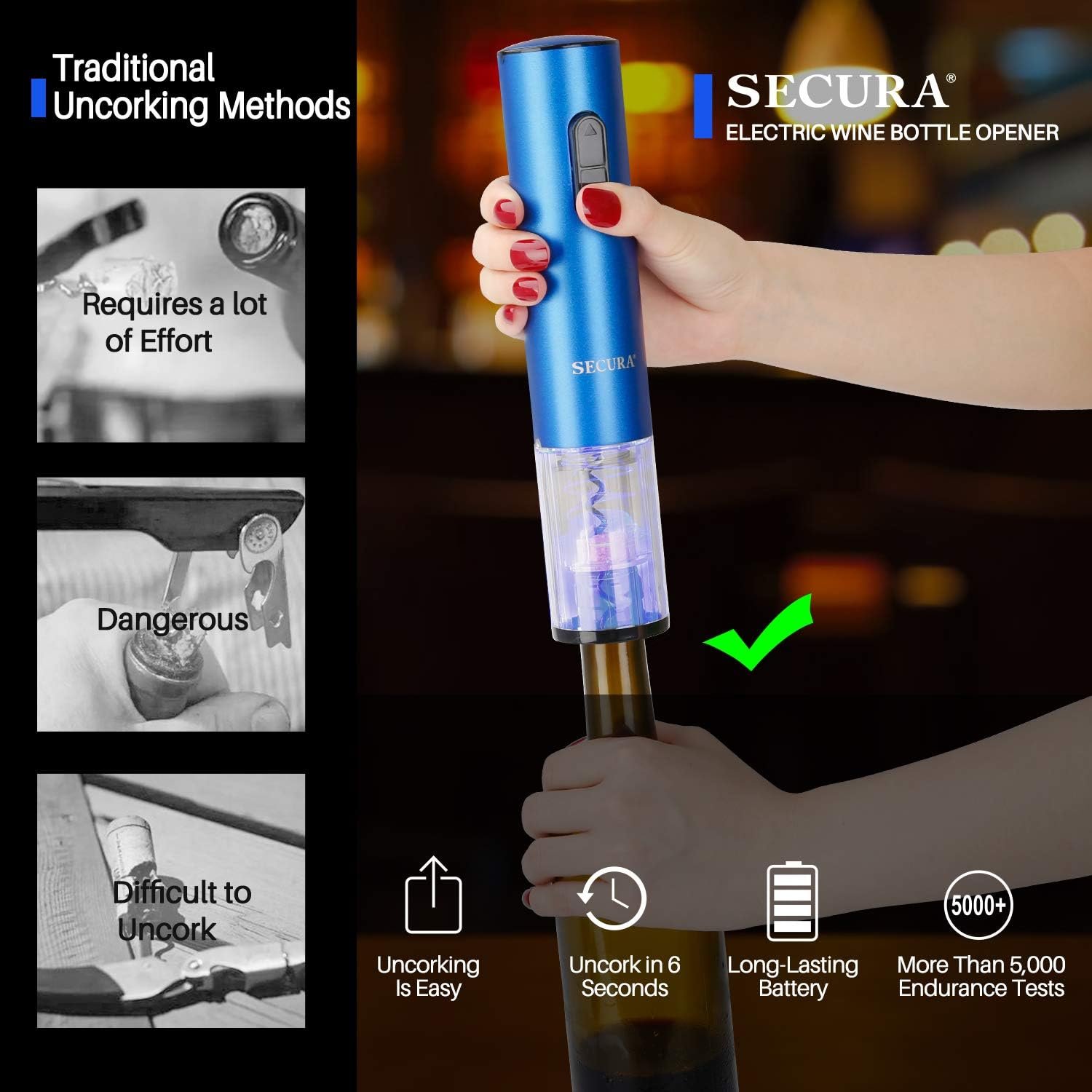 Secura Electric Wine Opener, Automatic Electric Wine Bottle Corkscrew Opener with Foil Cutter, Rechargeable (Blue) - Image 3