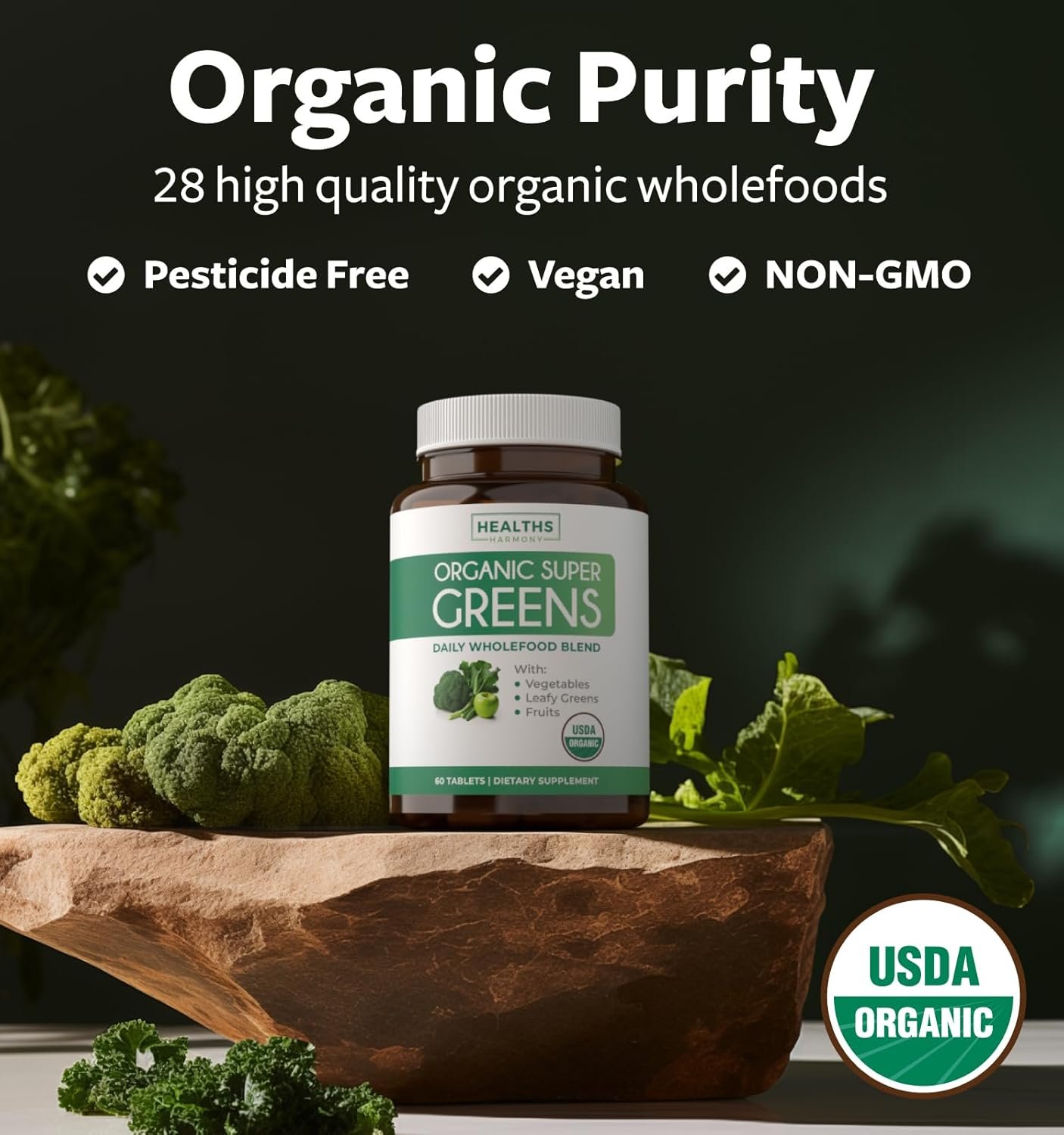 USDA Organic Greens Powder (60 Tablets) Convenient Pills - Complete Superfood Supplement with 28 Fruits & Vegetables - Super Antioxidants, Energy, Gut Health, and Immune Support (No Capsules) - Image 4