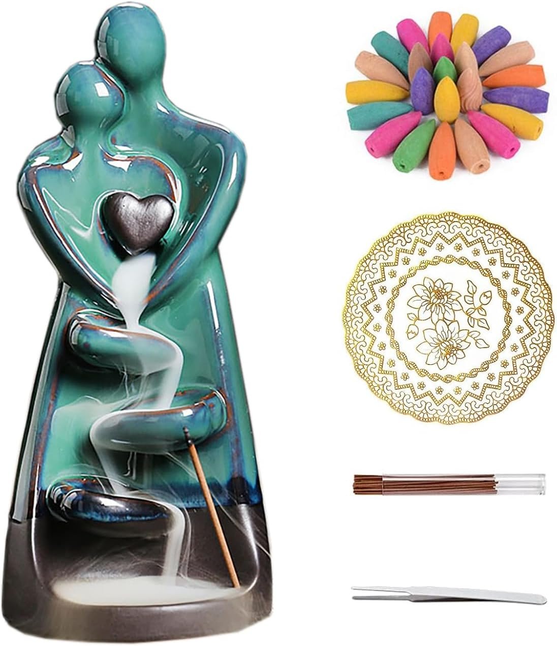 Ceramic Incense Holder, Creative Incense Waterfall Ornament, Backflow Incense Burner with 20 Backflow Incense Cones + 30 Incense Sticks, Zen Garden Yoga Meditation Home Decor - Image 2