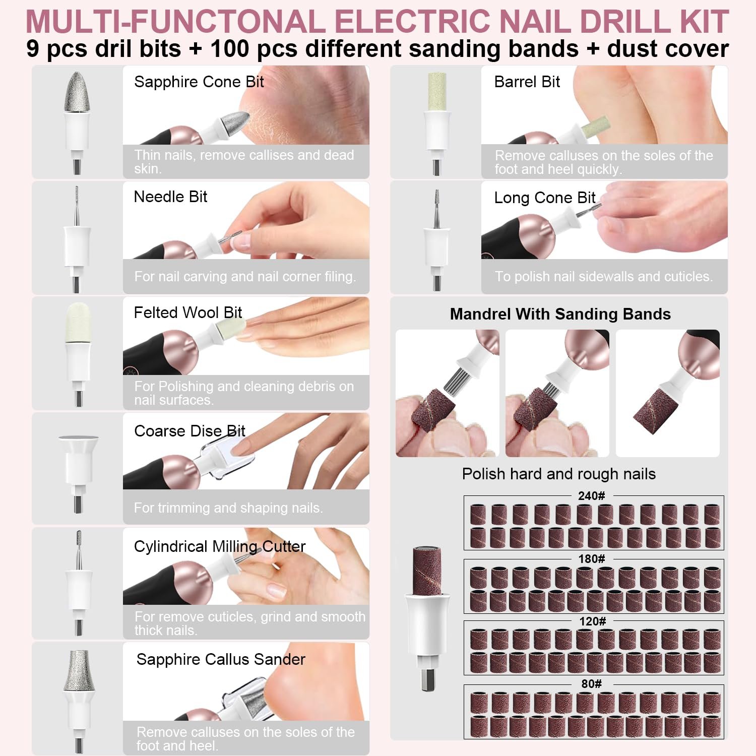 Professional Manicure Pedicure Kit, 9 in 1 Cordless Nail Drill with 100 pcs Nail Drill Bits Sanding Bands, Nail Grinder for Human, 5 Speeds Electric Nail Drill, Nail Dremel Kit for Home and Salon Use - Image 5