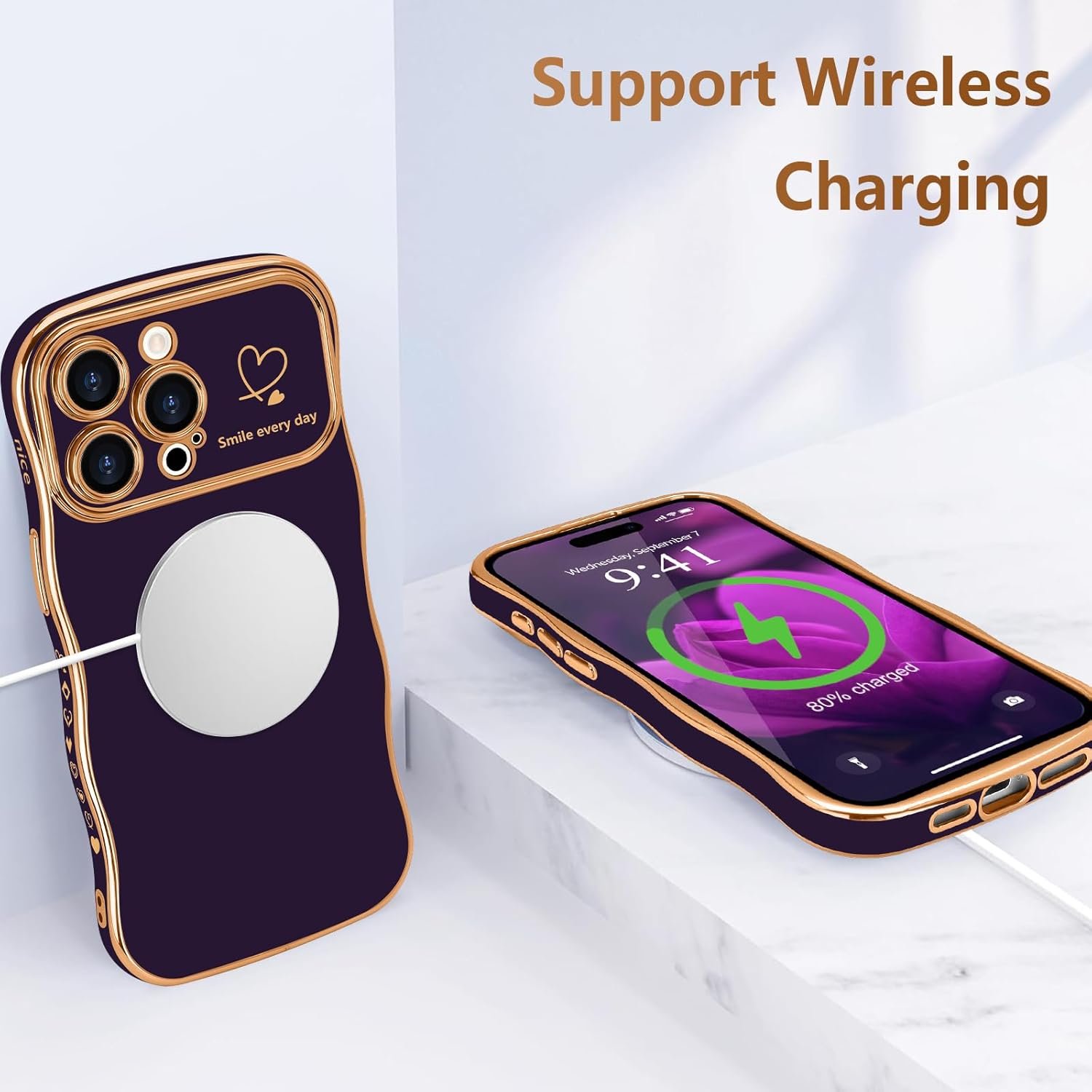 LCHULLE for iPhone 15 Pro Max Case for Women Girls, Cute Wave Frame Curly Shape with Love Heart Raised Camera Protection Cover Luxury Plating Shockproof Phone Case for iPhone 15 Pro Max, Dark Purple - Image 6
