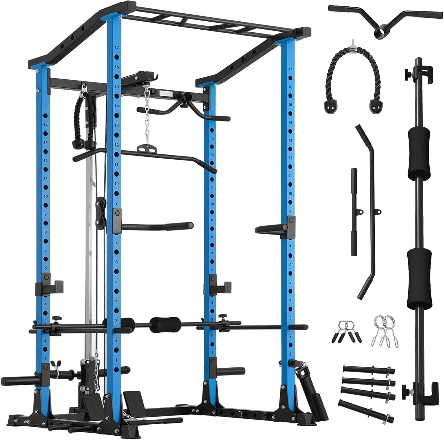 ER KANG Power Cage, Power Rack with LAT Pulldown, Multi-Functional Squat Rack, Squat Cage with More Training Attachments for Home Gym(Blue) - Image 2